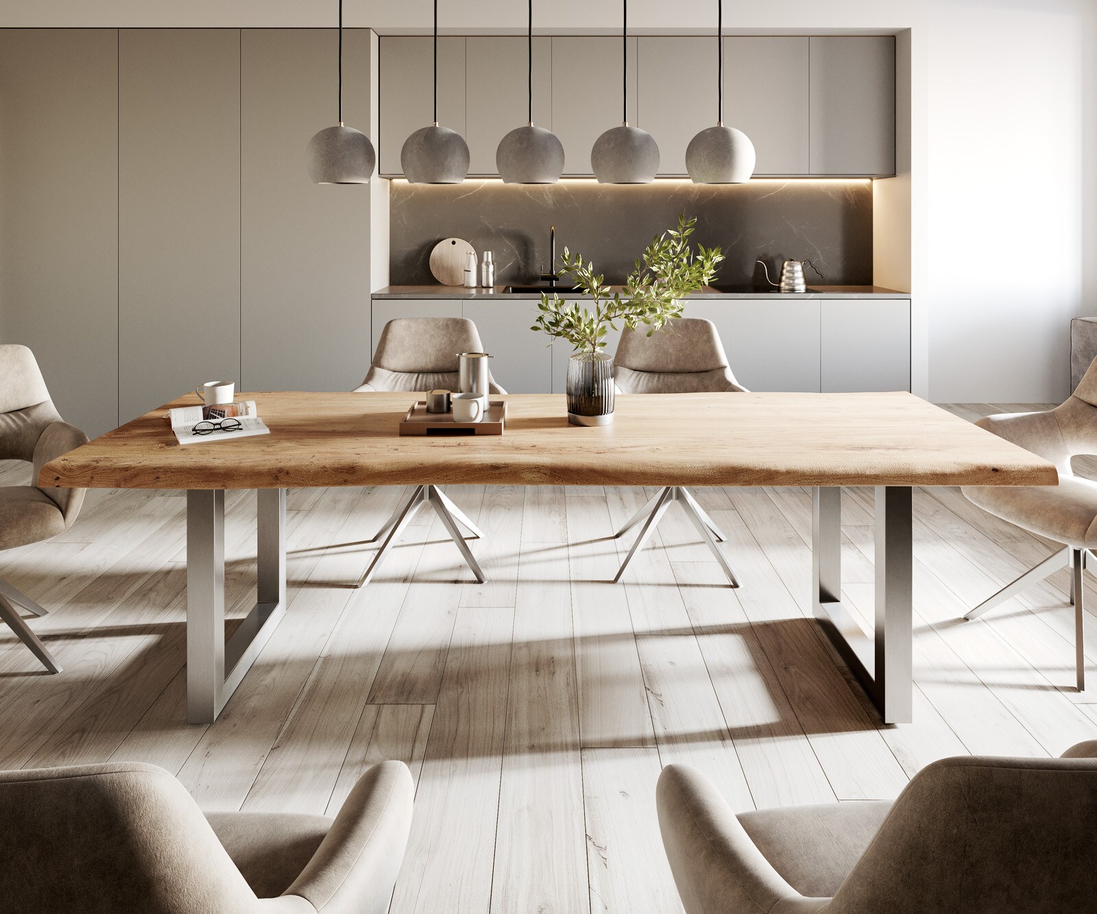 Table-à-manger Edge 260x100 XL acacia nature acier inoxydable large Live-Edge 2