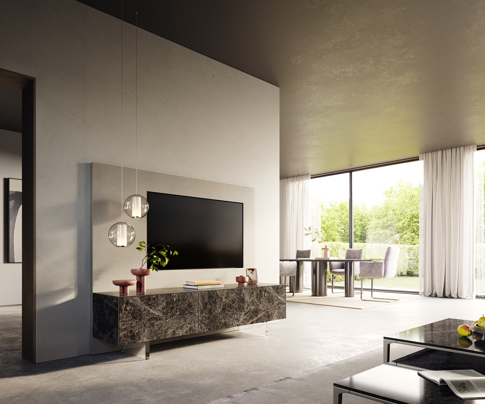 Lowboard Cuor 180 cm Keramik Laminam® Emperador Extra Lucidato Dunkelbraun 1 Klappe 2 Schubfächer Fuß Schwebeoptik Acrylglas 7