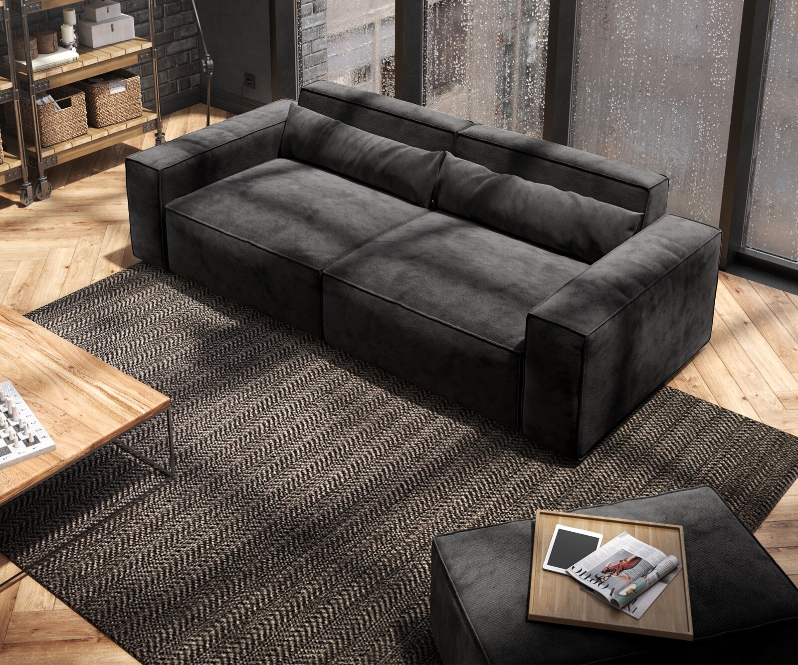 Big-Sofa Sirpio 230x90 cm Mikrofaser Schwarz mit Hocker 3