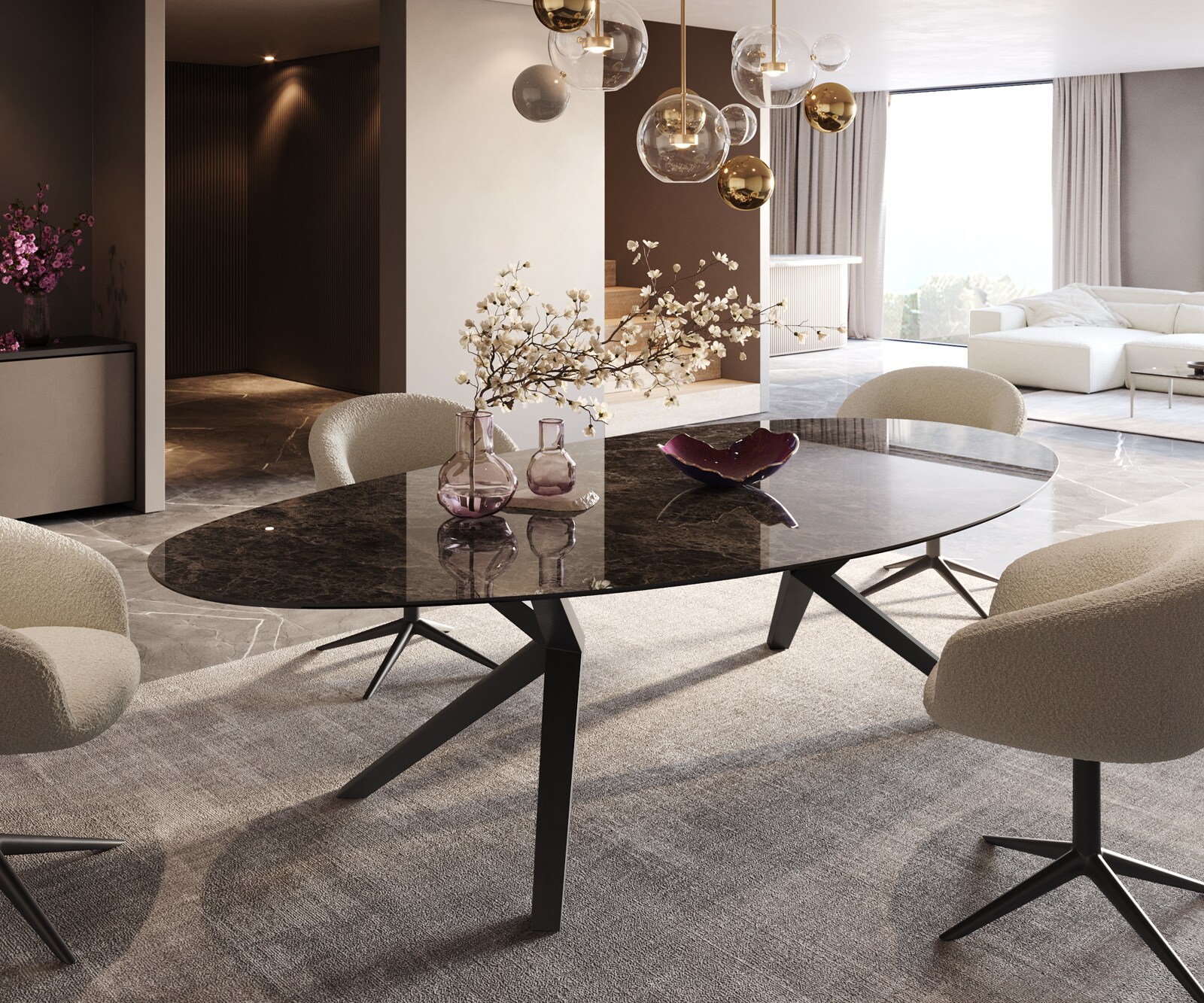 Esstisch Edge Oval 280x130 Keramik Laminam®Emperador Extra Lucidato Dunkelbraun Zenthara kantig Metall Schwarz