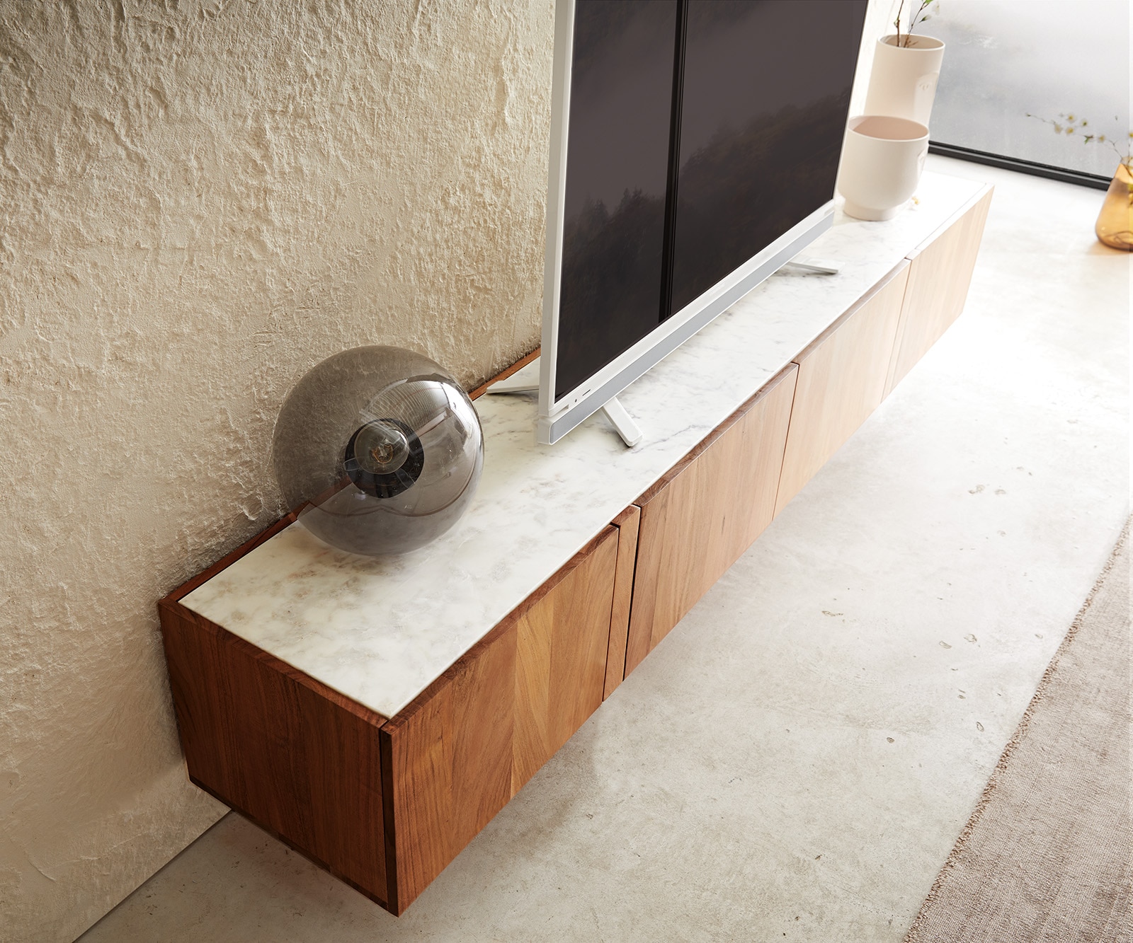 Lowboard Secara 220 cm Akazie Natur 4 Türen Marmor schwebend 5 Lowboard Secara 220 cm Akazie Natur 4 Türen Marmor schwebend 5