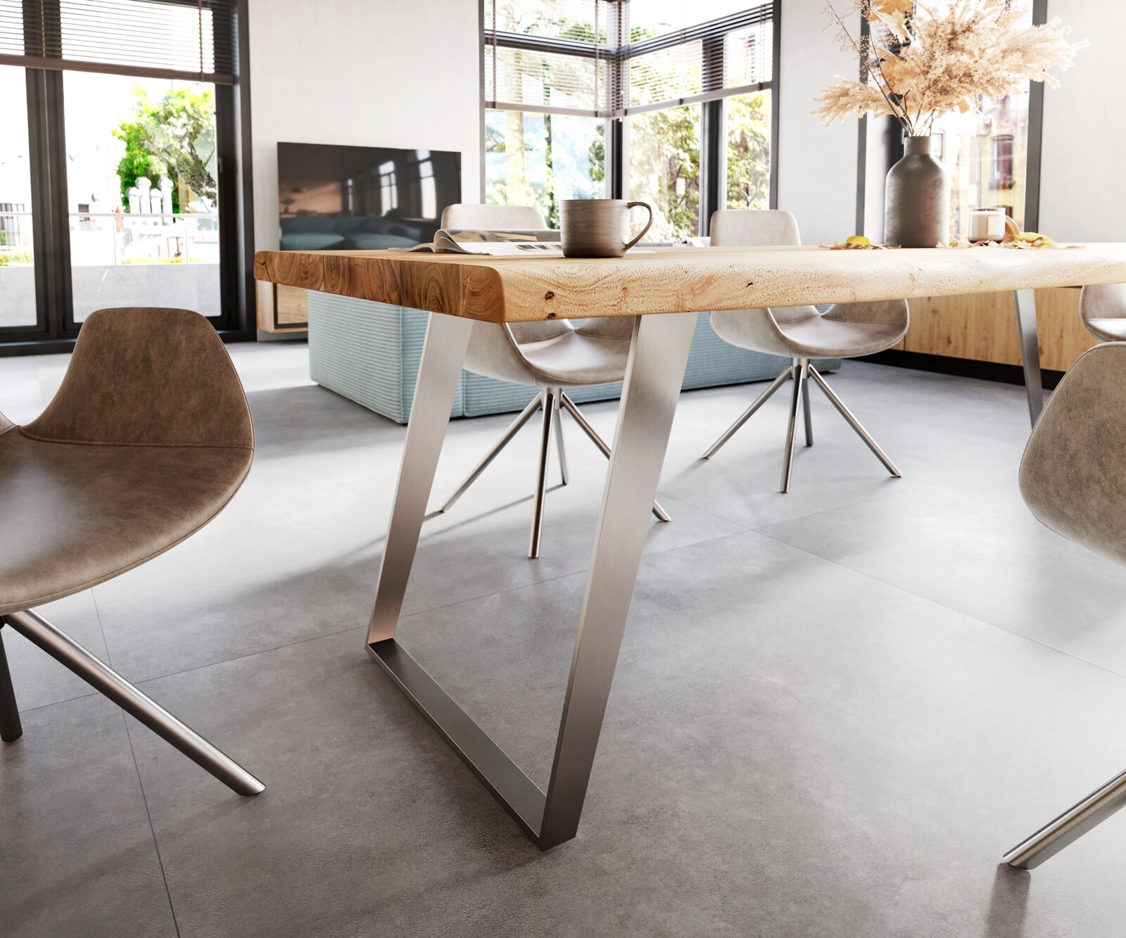 Table-à-manger Edge 260x100cm XL acacia nature acier inoxydable argent incliné Live-Edge 5