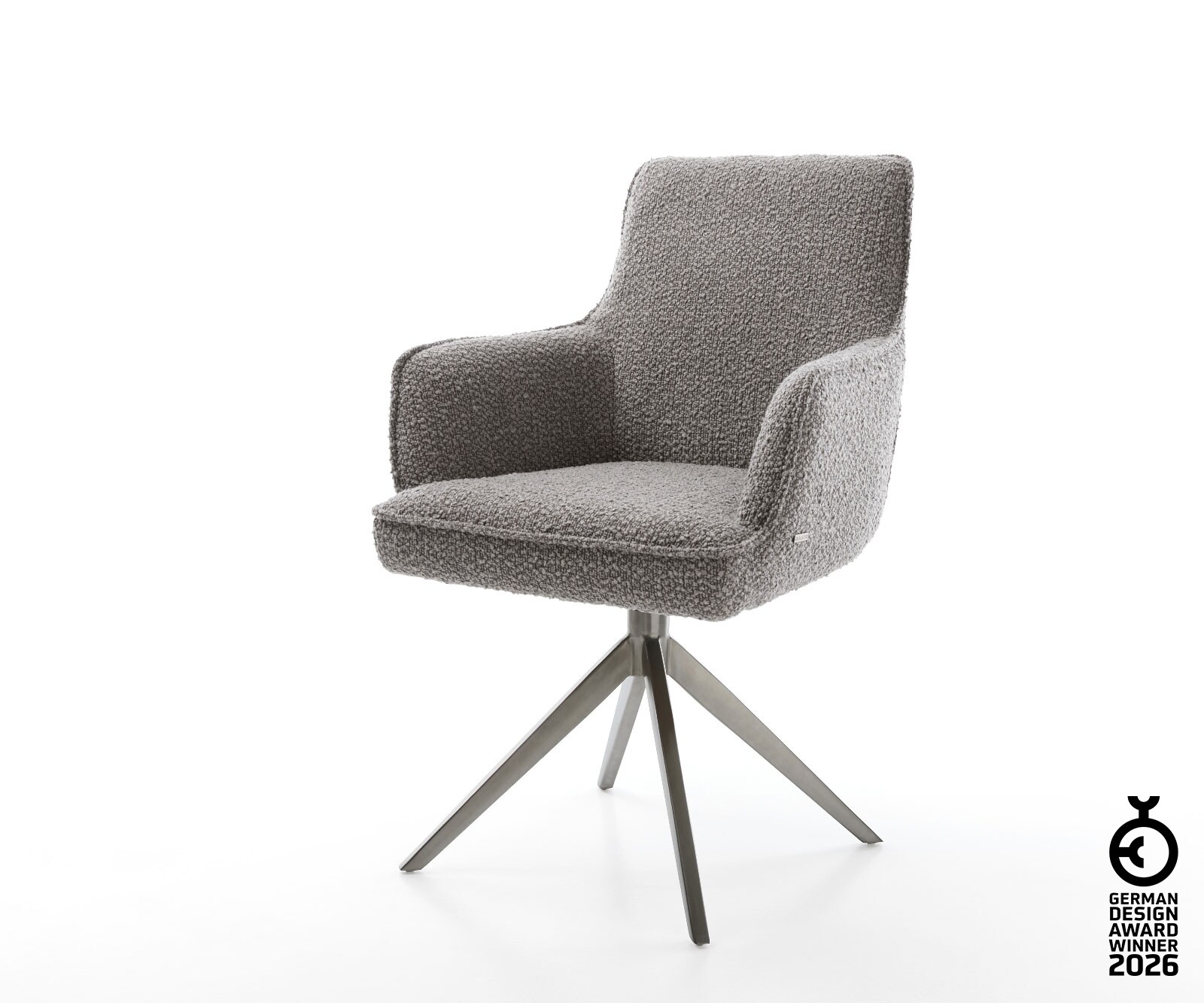 Drehstuhl Heira-Flex mit Armlehnen Bouclé Silbergrau Kreuzgestell breit Graphit 360° drehbar Wippfunktion Taschenfederkern