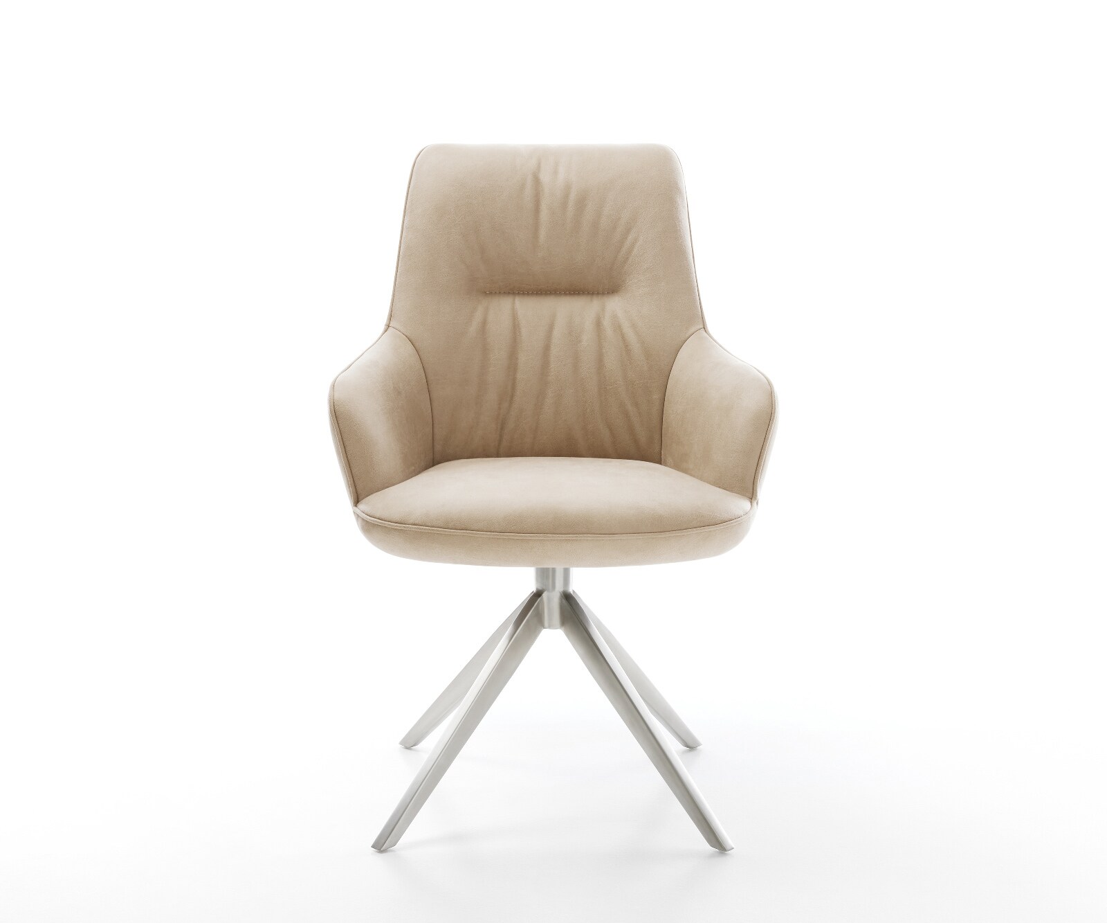 Drehstuhl Zelia-Flex mit Armlehnen Mikrofaser Beige Vintage Kreuzgestell breit Edelstahl 360° drehbar Wippfunktion Taschenfederkern 1