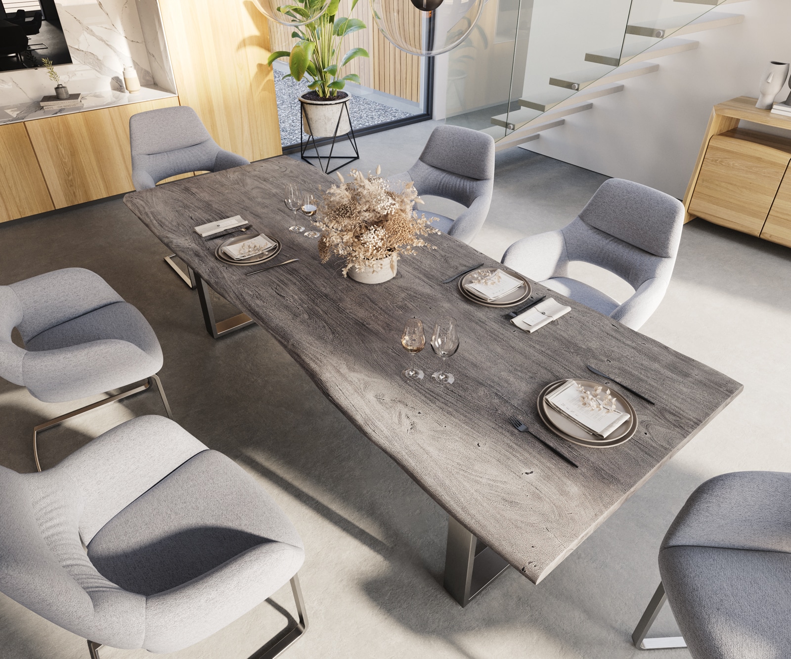Esstisch Edge 260x100 Akazie Platin Edelstahl Schmal Live-Edge 3 Esstisch Edge 260x100 Akazie Platin Edelstahl Schmal Live-Edge 3