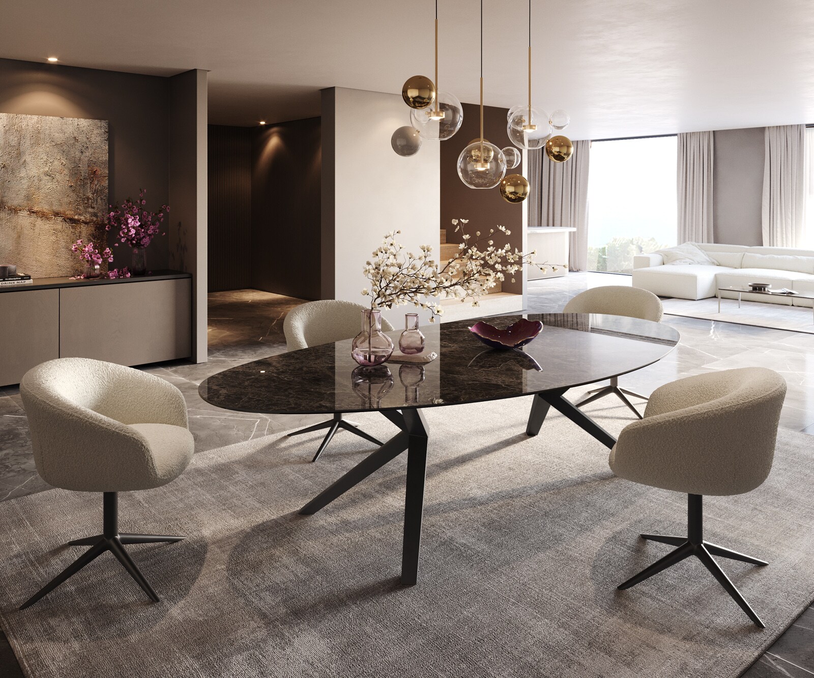 Table de salle à manger Edge Ovale Céramique Emperador Extra Lucidato Brun foncé 280x130 Zenthara angulaire Métal Noir 6