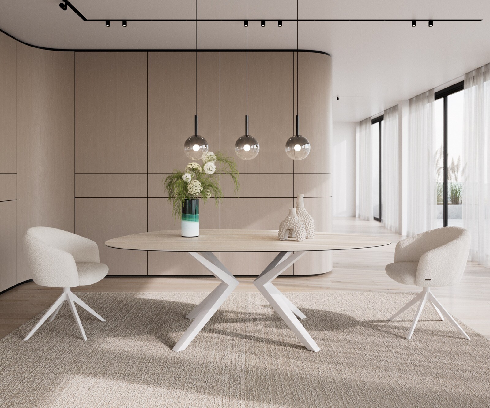 Table à manger Edge Ovale 220x120 Céramique Laminam®Travertino Bianco Crème-Blanc​ Zenthara anguleux Métal Blanc 1