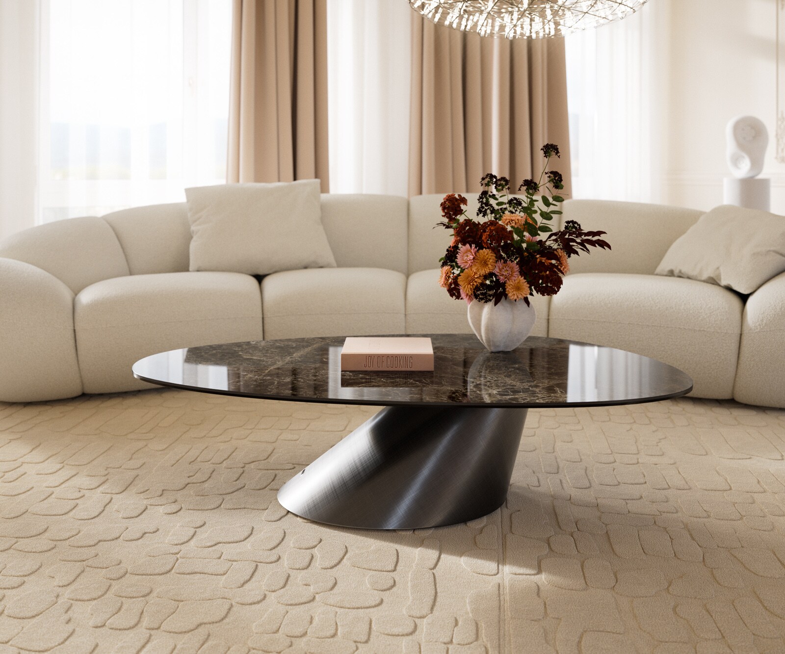 Table basse Edge ovale 140x75 cm céramique Emperador Extra Lucidato brun foncé Conis métallique argent 2