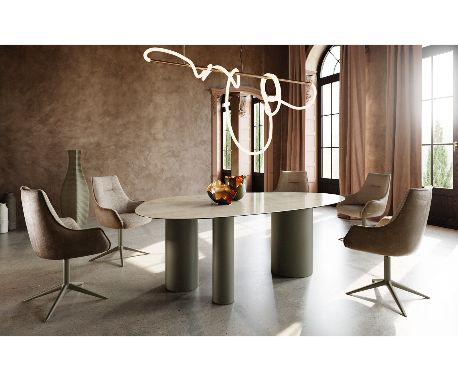 Esstisch Edge Oval 220x120 Keramik Iris FMG Onice Oro Troa Metall Effektfinish Titan 6