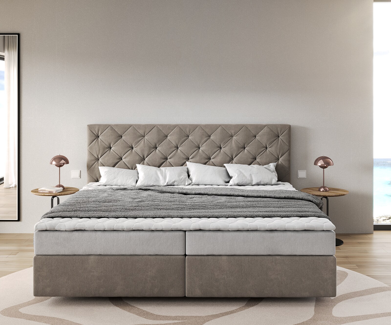 Boxspringbett Dream-Great Mikrofaser Beige 200x200 cm Bonell-Matratze PU-Topper 1 Boxspringbett Dream-Great Mikrofaser Beige 200x200 cm Bonell-Matratze PU-Topper 1