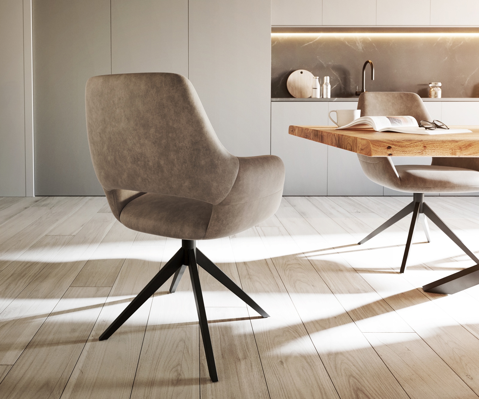 Esszimmerstuhl Yago-Flex mit Armlehnen Mikrofaser Taupe Vintage Kreuzgestell breit Schwarz Taschenfederkern 5 Esszimmerstuhl Yago-Flex mit Armlehnen Mikrofaser Taupe Vintage Kreuzgestell breit Schwarz Taschenfederkern 5