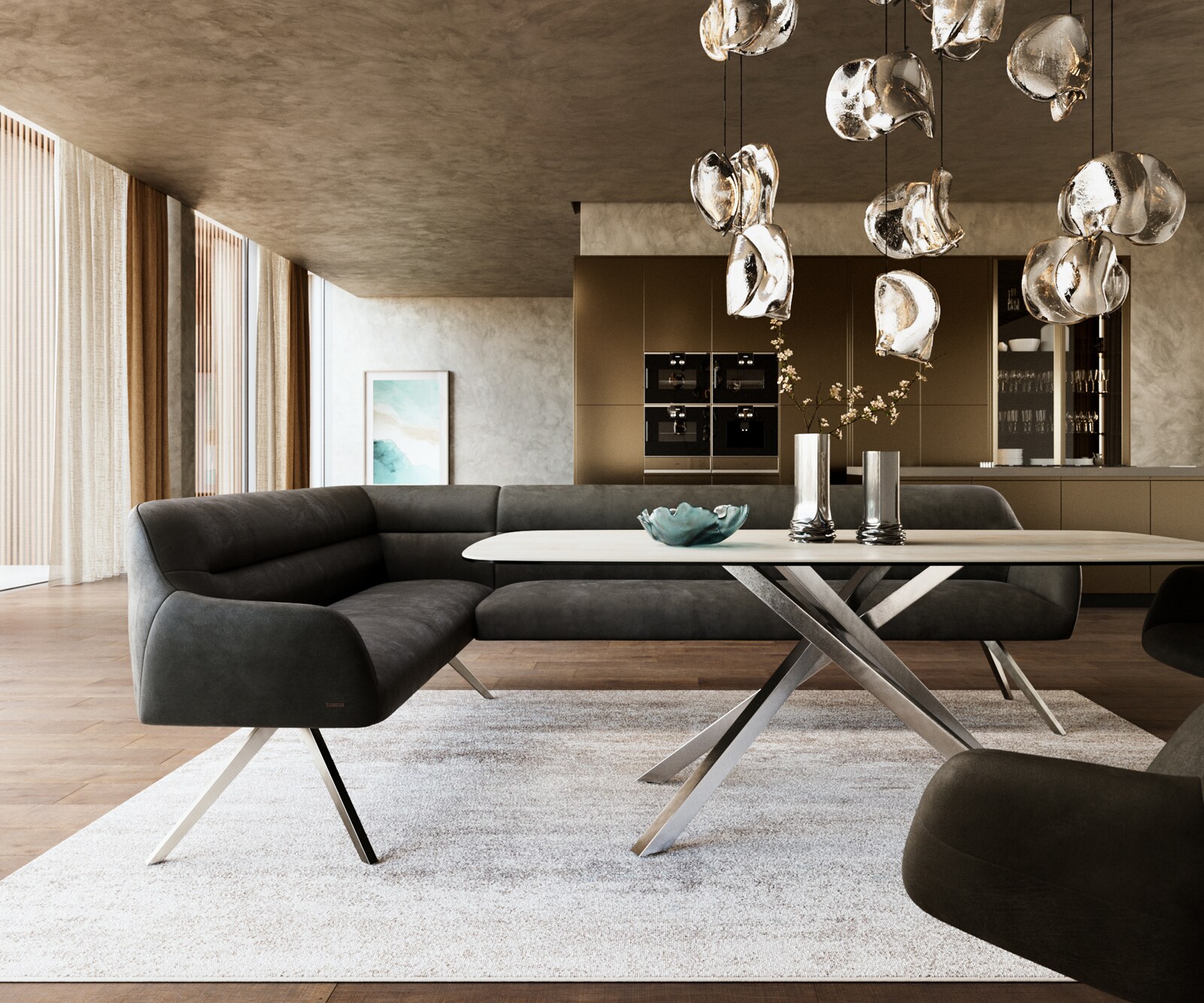 Banc-de-salle-à-manger Taya-Flex 285x190 cm microfibre antracite vintage pied croisé angulaire acier inoxydable ressort ensaché à droite 2