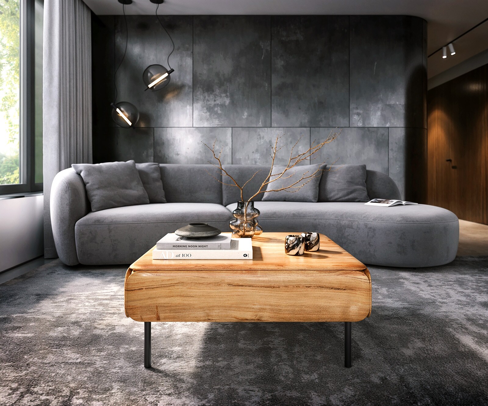 Table-basse Shavani 90x90 cm acacia naturel 2 tiroirs abattantes métal noir 1