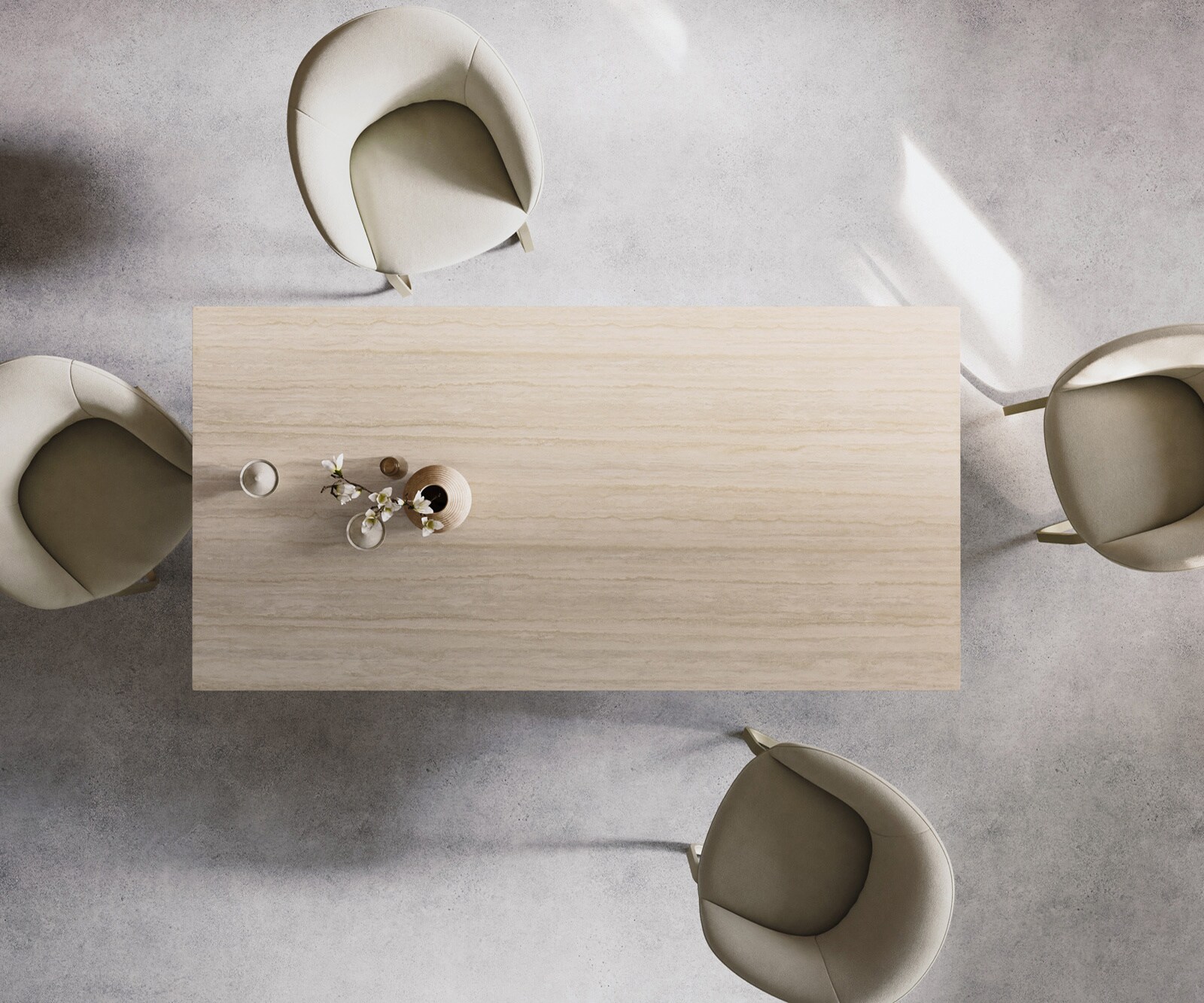 Table à manger Edge 200x100 céramique Laminam® Travertino Bianco crème-blanc métal incliné effet finition titanee 6