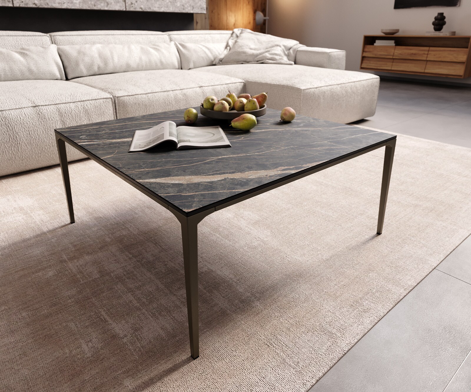 Couchtisch Levente 85x85 cm Keramik Laminam® Noir Desir Braun Gestell Metall Effektfinish Titan
