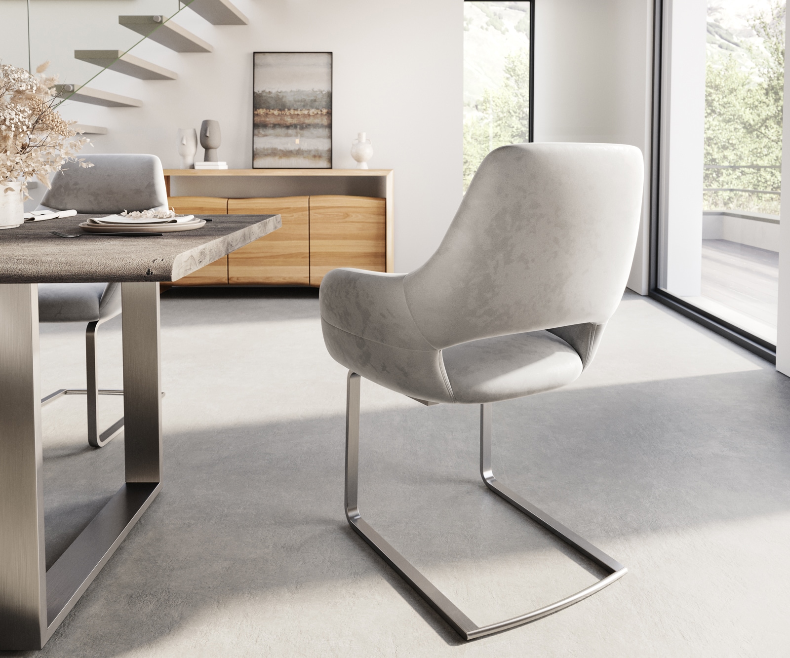 Freischwinger Yago-Flex mit Armlehnen Samt Grau Freischwinger flach Edelstahl Taschenfederkern 5 Freischwinger Yago-Flex mit Armlehnen Samt Grau Freischwinger flach Edelstahl Taschenfederkern 5