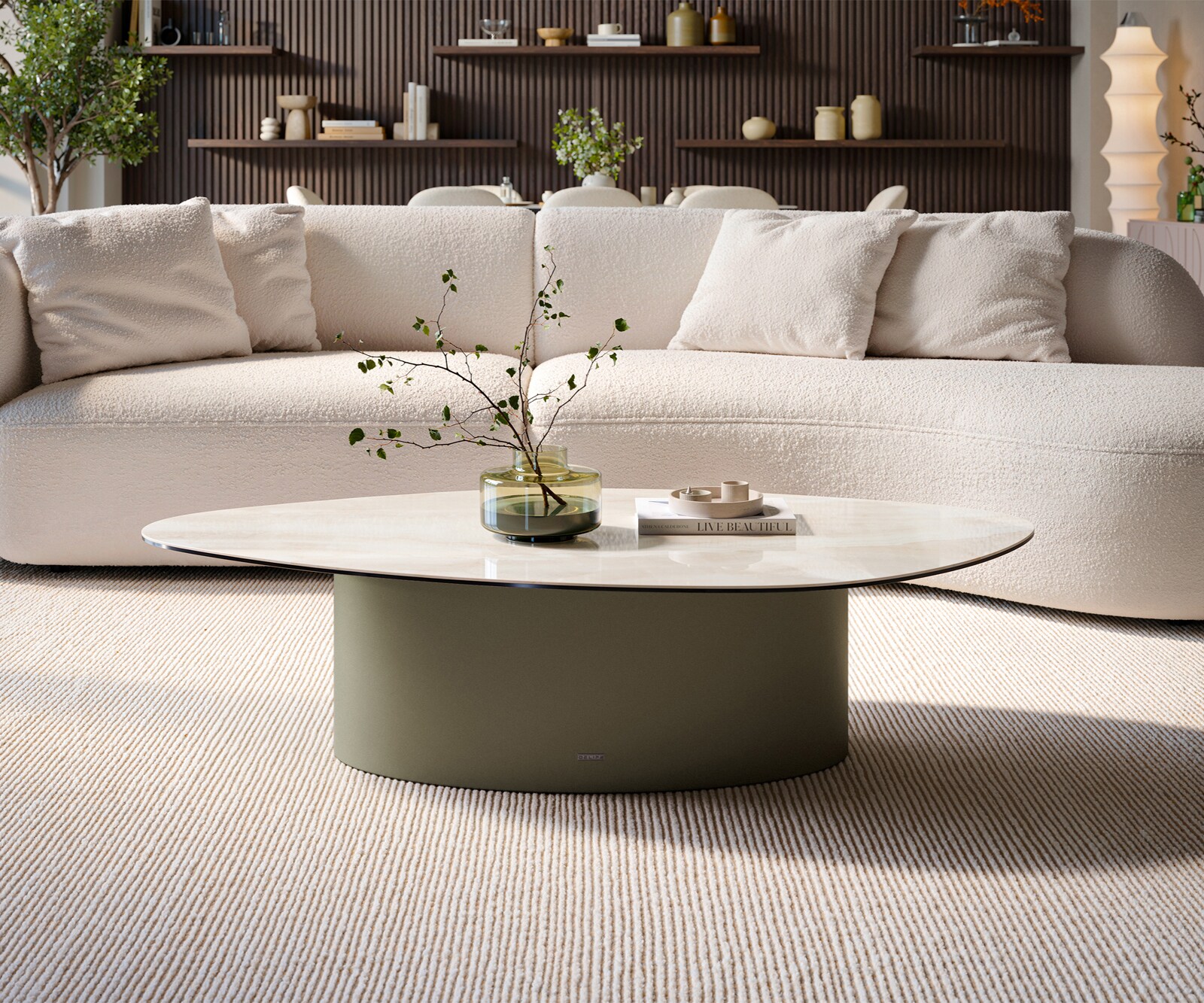 Table basse Edge organique 140x76 cm céramique Onyx Champagne Casilda finition effet titane