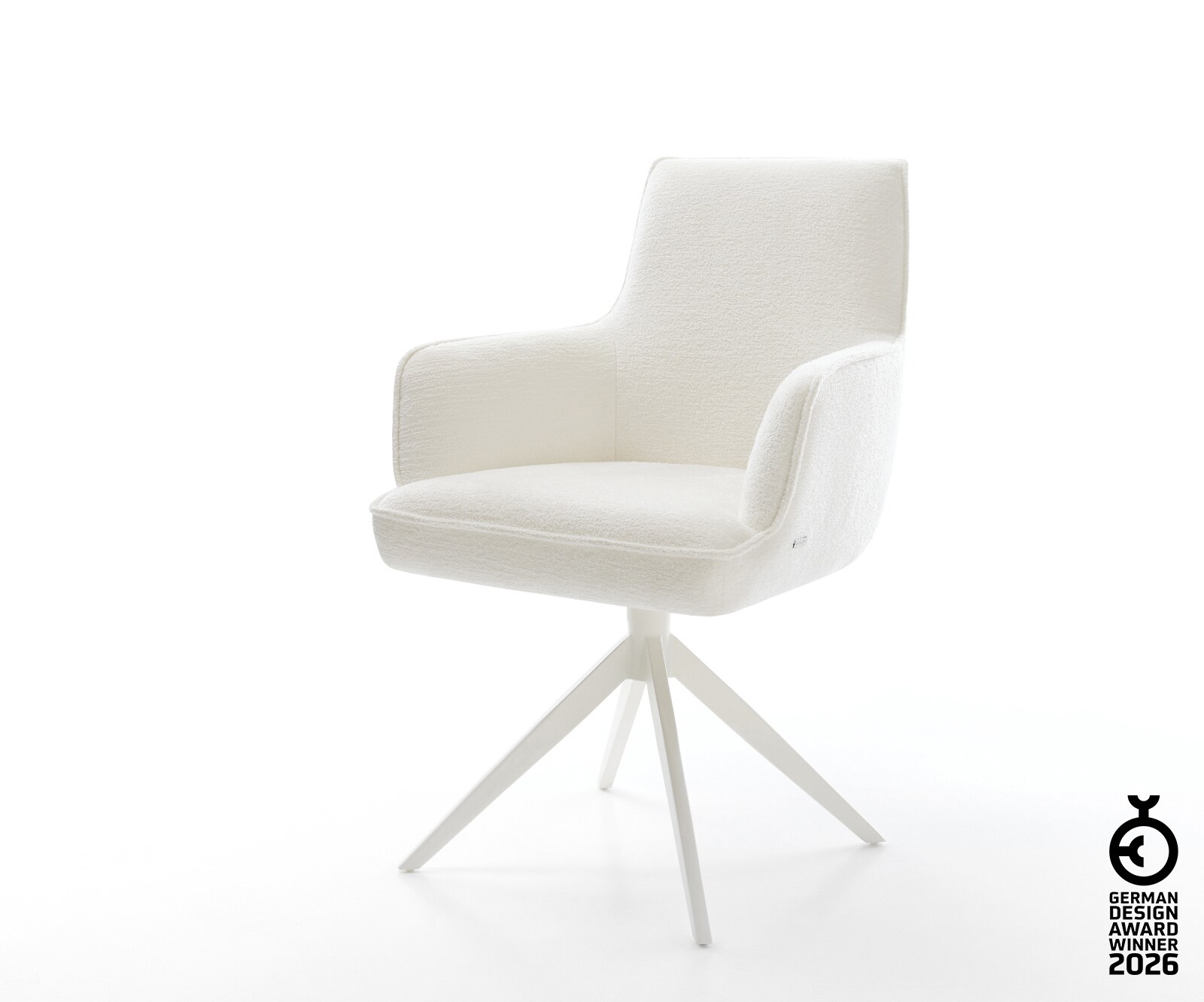 Chaise-pivotante Heira-Flex avec accoudoirs bouclé doux beige pied croisé large blanc pivotement sur 360° fonction bascule resorts ensachés 1