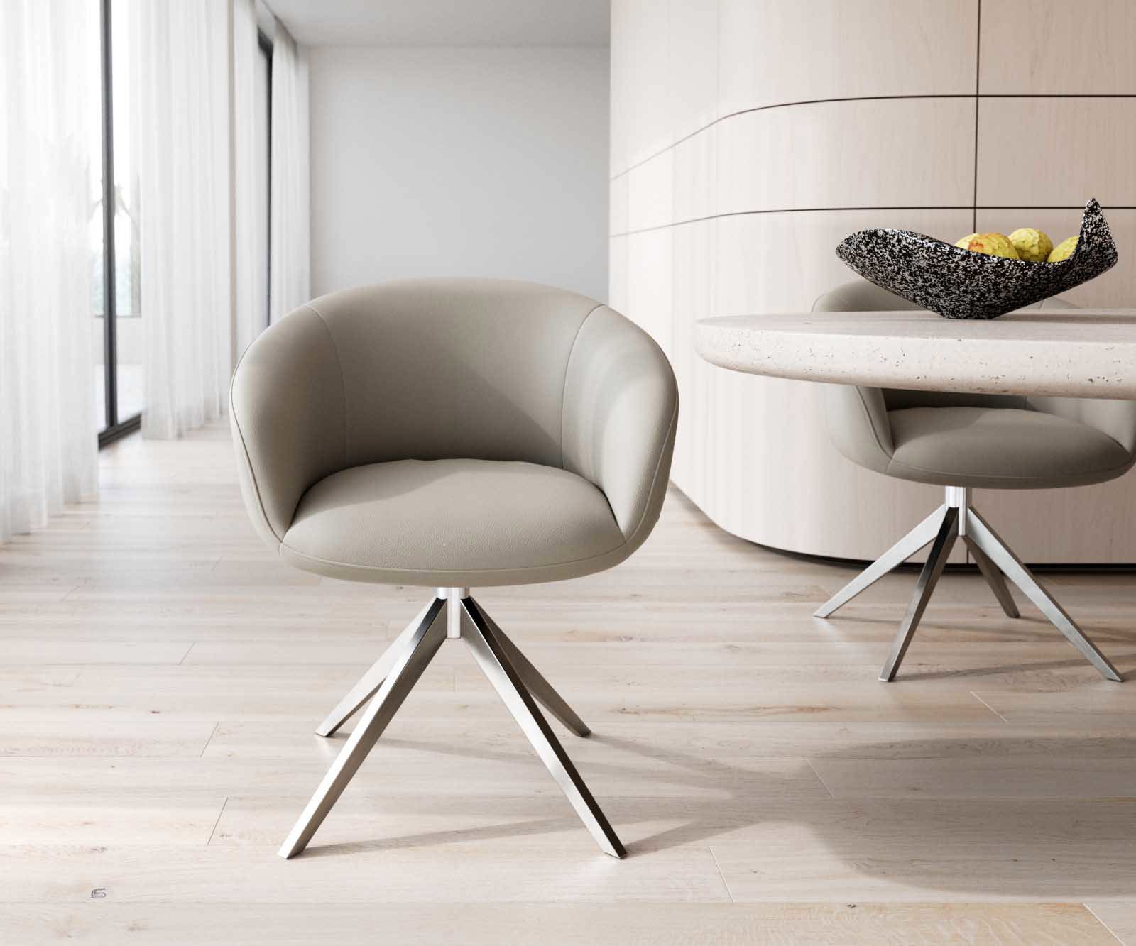Chaise-pivotante Vinka-Flex avec accoudoirs cuir de vache couleur boue pied croisé large acier inoxydable brossé pivotement sur 360° ressorts ensachés 1
