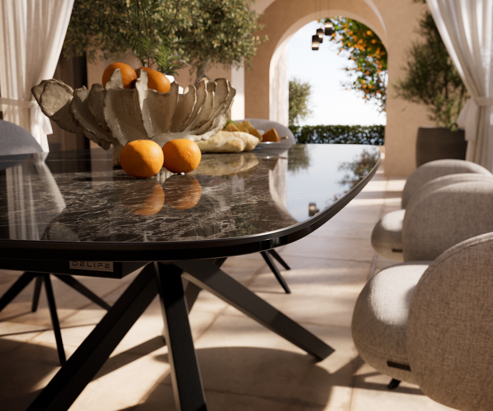 Table d’extérieur Edge Boot 240x120 cm céramique Laminam® Emperador Extra Lucidato brun foncé piètement croisé rectangulaire noir 4