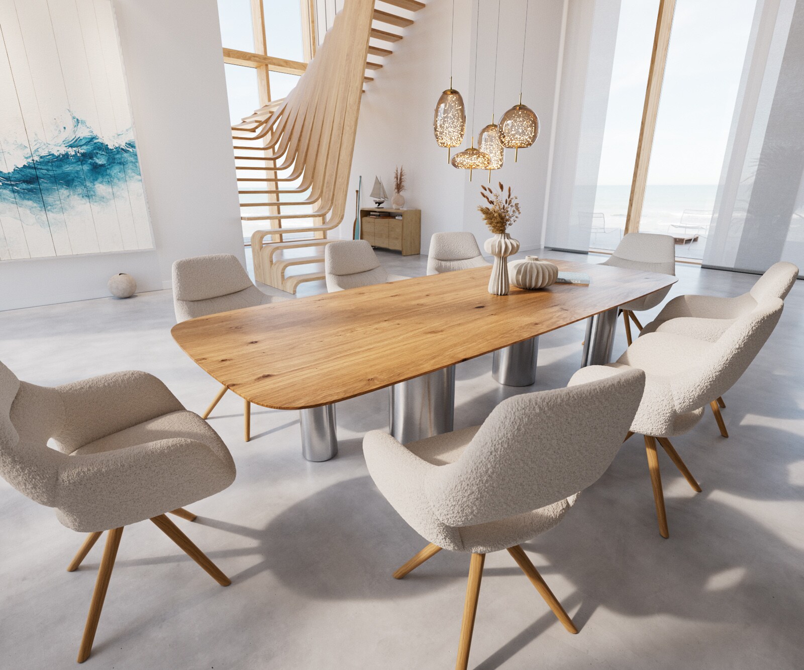 Table à manger Edge Boot 300x120x2,5-3 Chêne Nature Pilier Acier inoxydable brossé Bord suisse 6