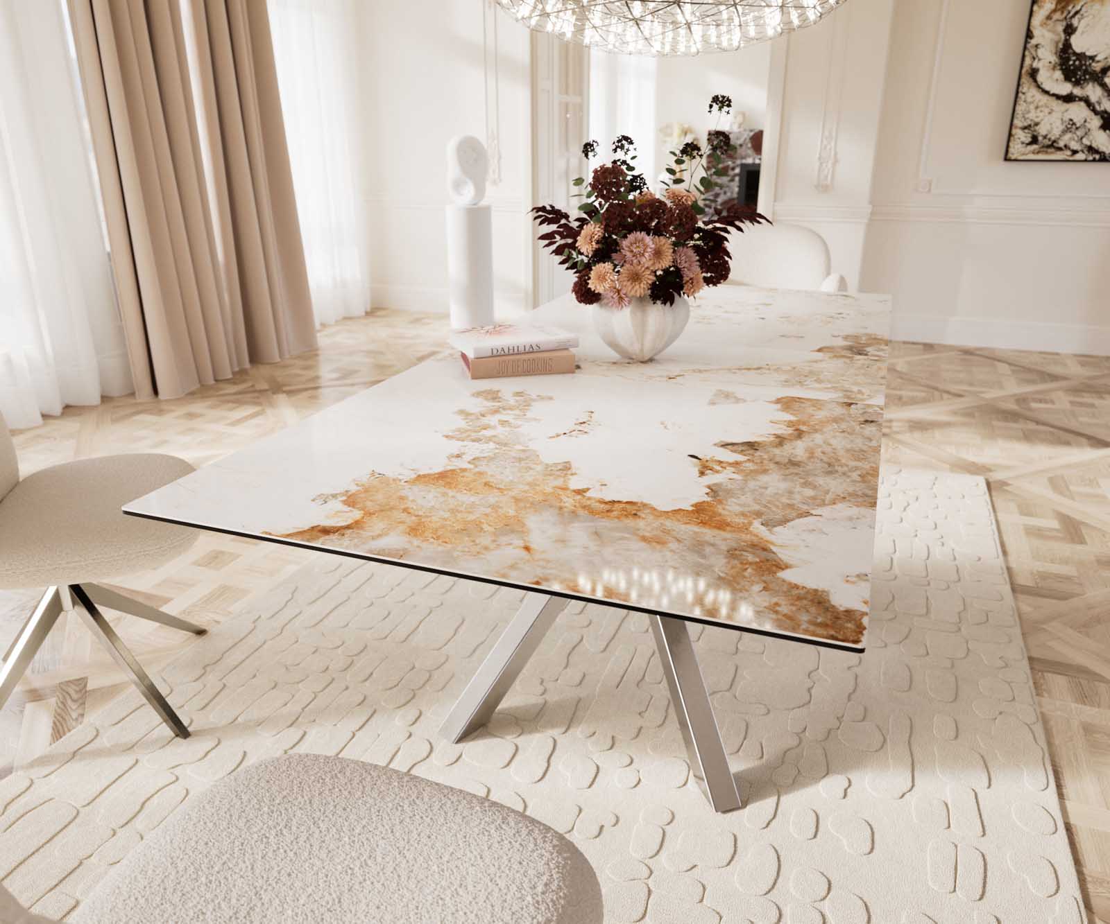 Esstisch Edge 180-220x100 Keramik Minas Melange Weiß-Beige Kreuzgestell Rechteck Edelstahl ausziehbar 8