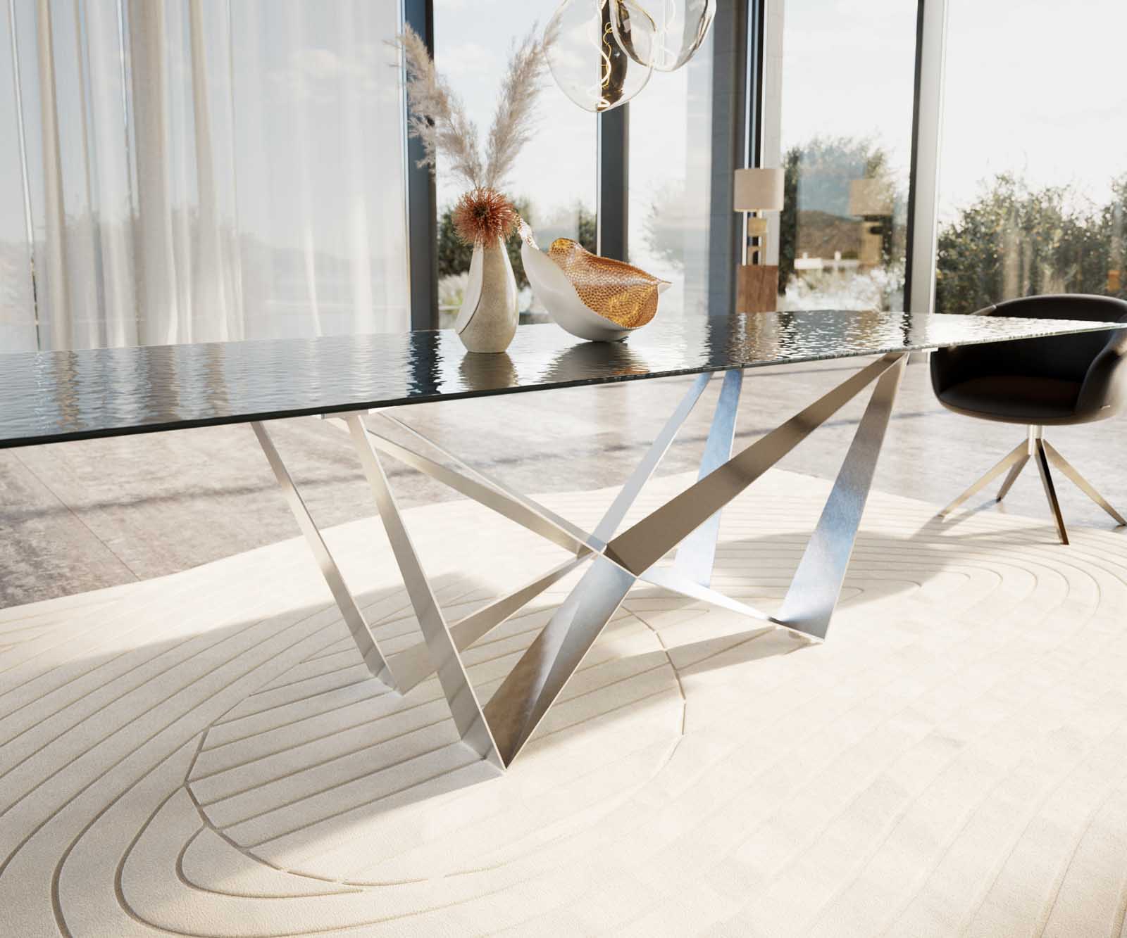 Esstisch Edge 300x100 Reliefglas Rauchschwarz 3D-Design Spider Flachstahl Edelstahl 6