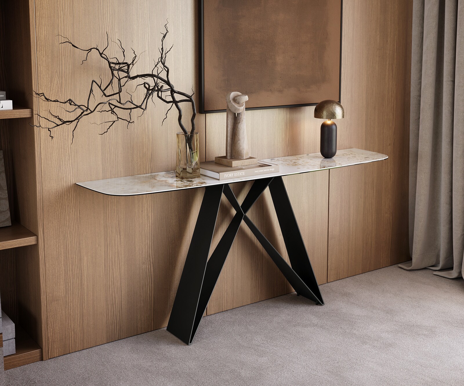 Console Edge forme bateau 180x40 cm Céramique Minas Melange Weiß-Beige Velio Métal Noir 1