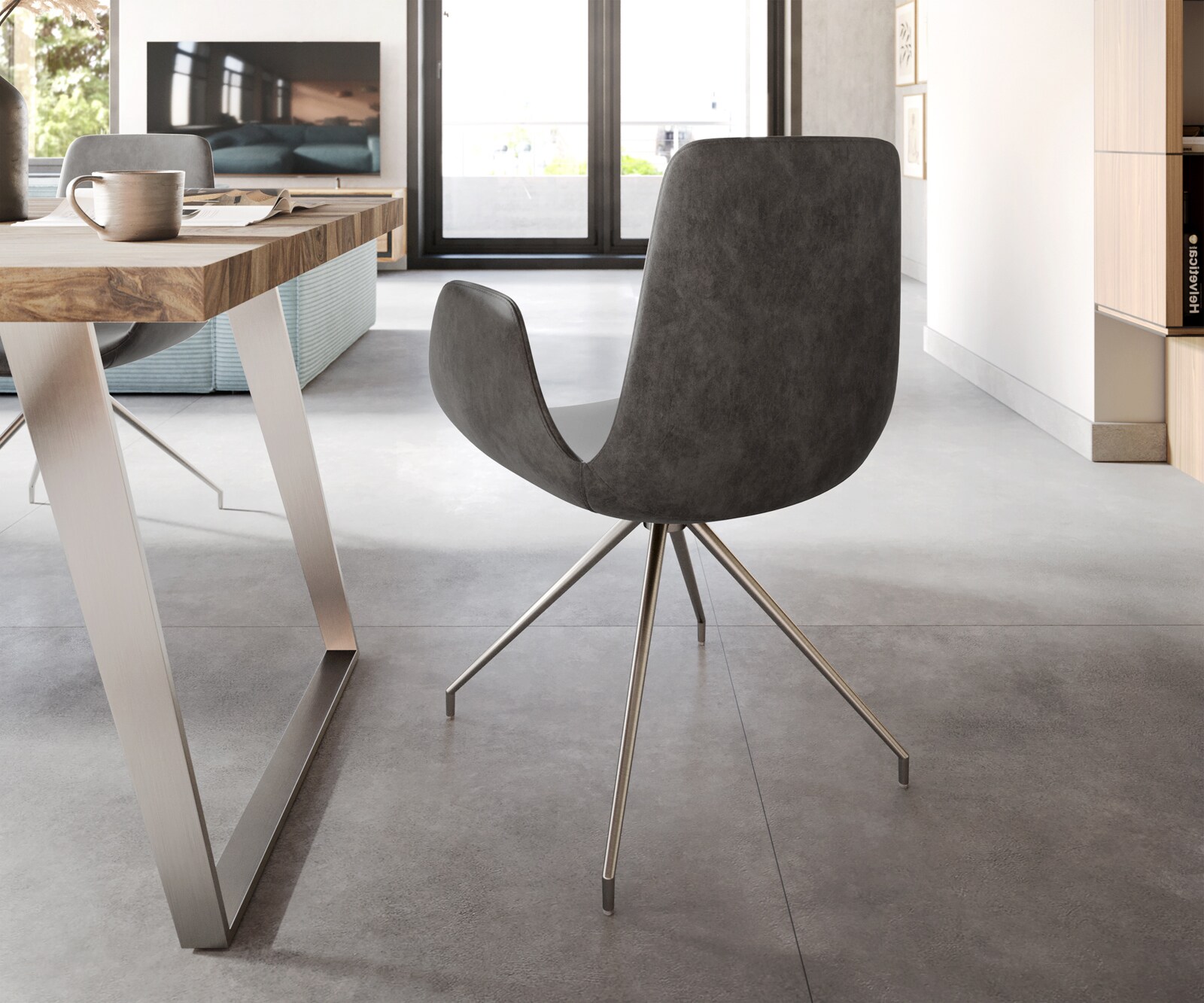 Esszimmerstuhl Ilia-Flex mit Armlehnen Mikrofaser Anthrazit Vintage Kreuzgestell konisch Edelstahl 4 Esszimmerstuhl Ilia-Flex mit Armlehnen Mikrofaser Anthrazit Vintage Kreuzgestell konisch Edelstahl 4