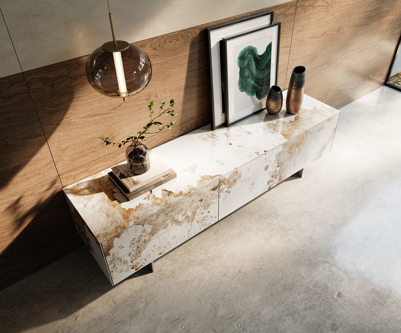 Meuble-TV Cuor 180 cm Céramique Minas Melange Blanc-beige 1 Clapet 2 Tiroirs Pied optique flottant Ancier inoxydable 4