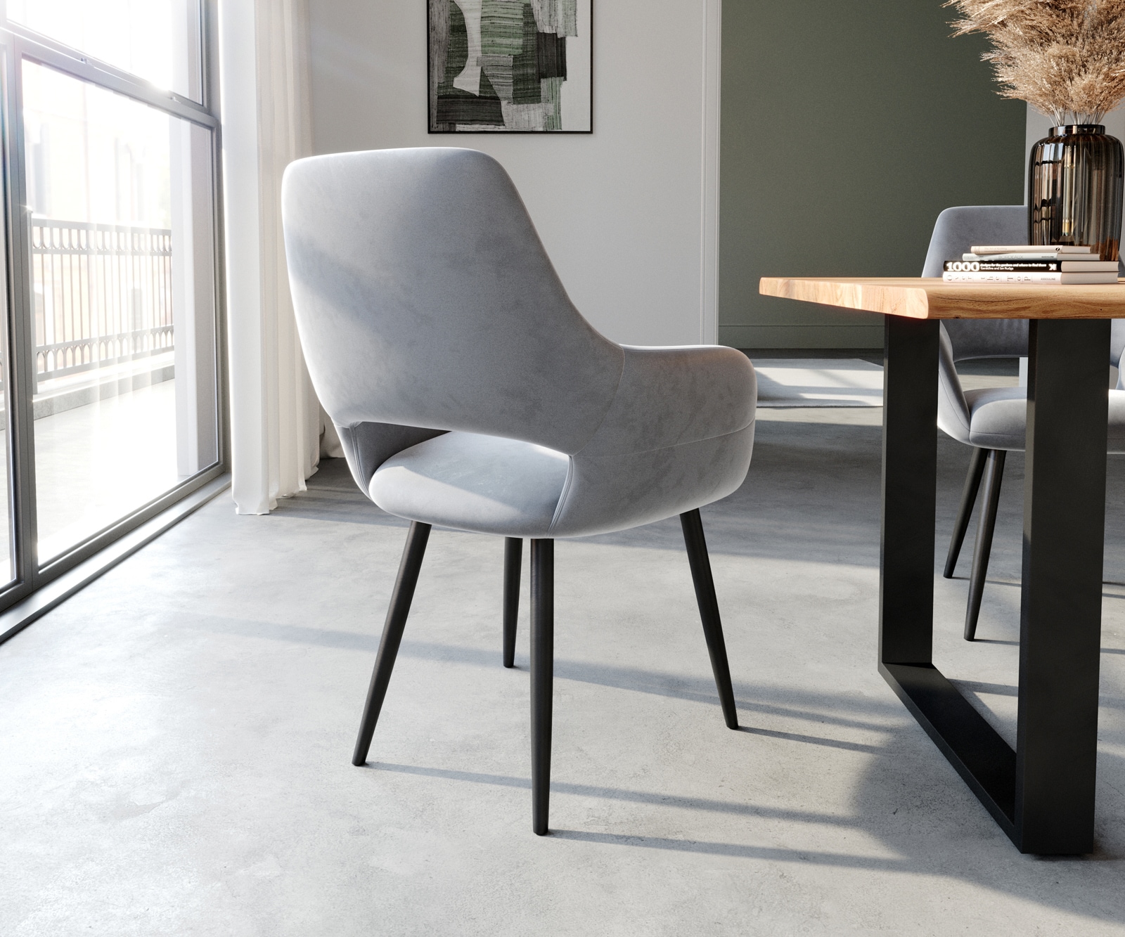 Esszimmerstuhl Yago-Flex mit Armlehnen Samt Grau 4-Fuß konisch Schwarz Taschenfederkern 4 Esszimmerstuhl Yago-Flex mit Armlehnen Samt Grau 4-Fuß konisch Schwarz Taschenfederkern 4