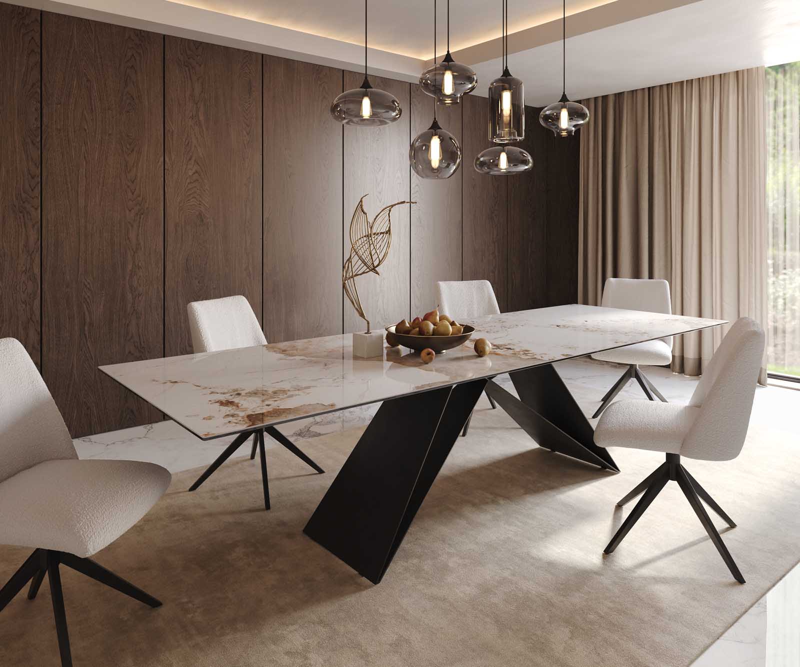 Esstisch Edge 300x100 Keramik Minas Melange Weiß-Beige V-Gestell Flachstahl Schwarz Esstisch Edge 300x100 Keramik Minas Melange Weiß-Beige V-Gestell Flachstahl Schwarz