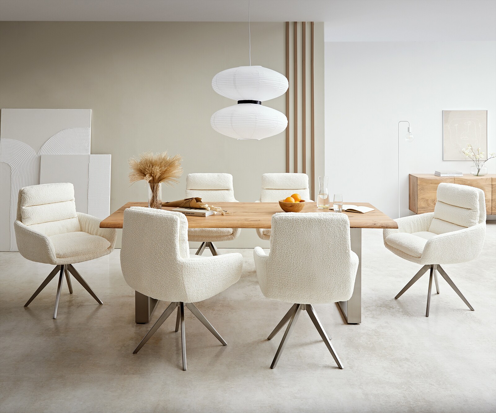 Esszimmerstuhl Abelia-Flex mit Armlehnen Bouclé Weiß Kreuzgestell kantig Edelstahl 3 Esszimmerstuhl Abelia-Flex mit Armlehnen Bouclé Weiß Kreuzgestell kantig Edelstahl 3