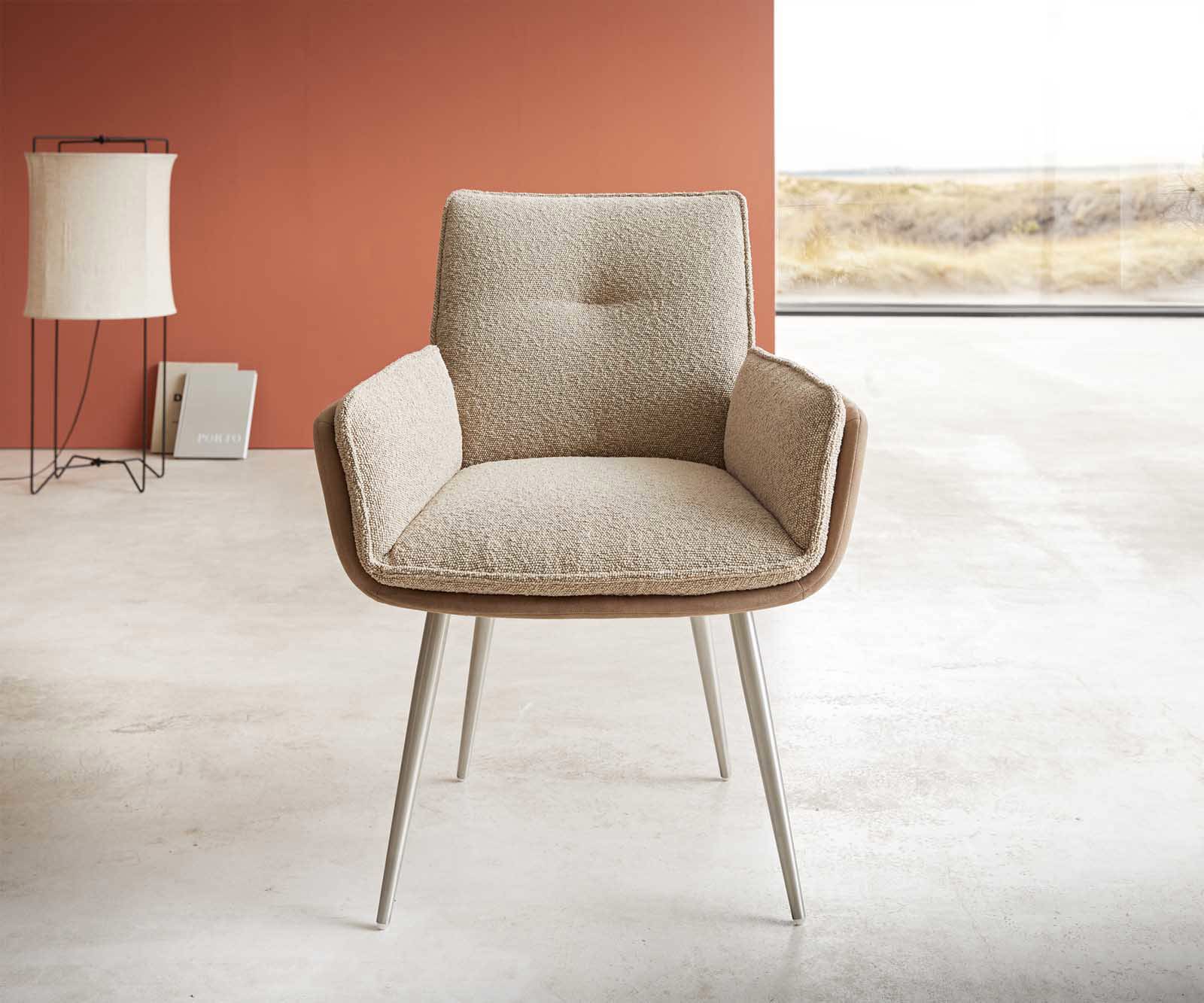 Chaise-de-salle-à-manger Nela-Flex tissu mixte couleur boue 4 pieds coniques acier inoxydable brossé 1