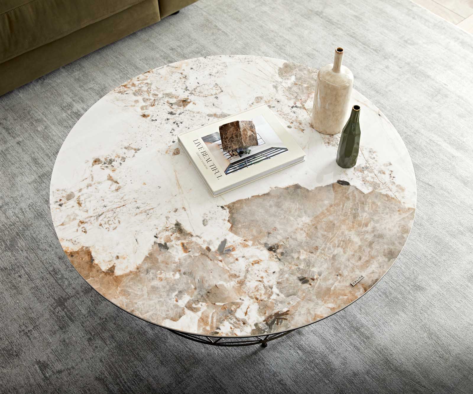 Couchtisch Lassina 100x100 cm Keramik Minas Melange Weiß-Beige Gestell Metall Effektfinish Titan 3