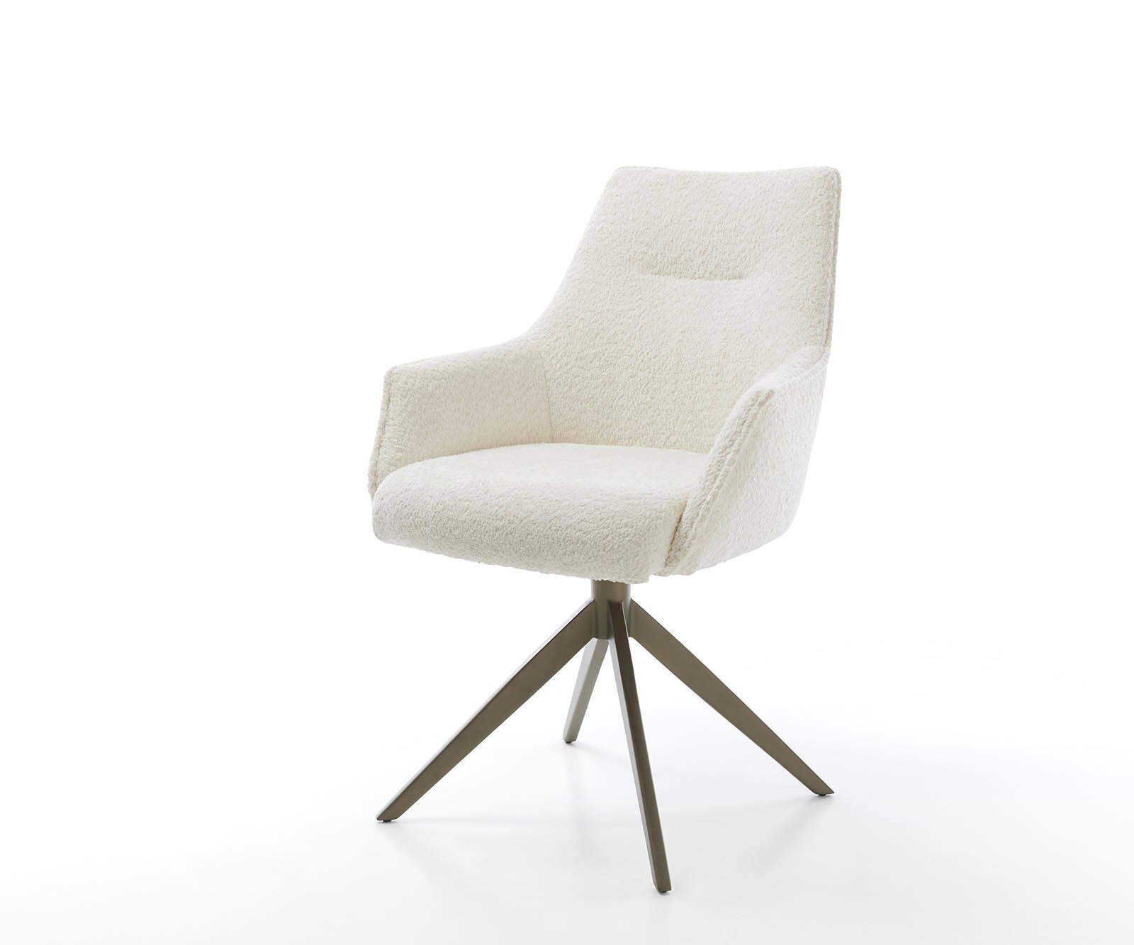 Chaise-pivotante Alja-Flex avec accoudoirs bouclé blanc pied croisé large aspect titane ressorts ensachés pivote sur 360°