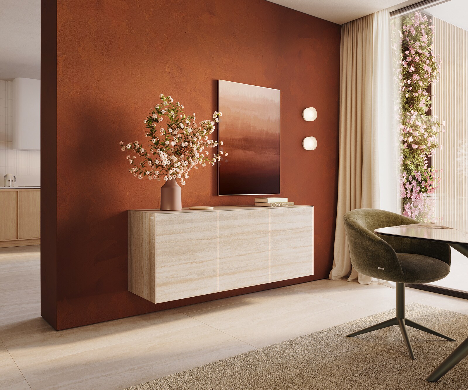 Sideboard Cuor 150 cm Keramik Laminam® Travertino Bianco Creme-Weiß 3 Türen Schwebend