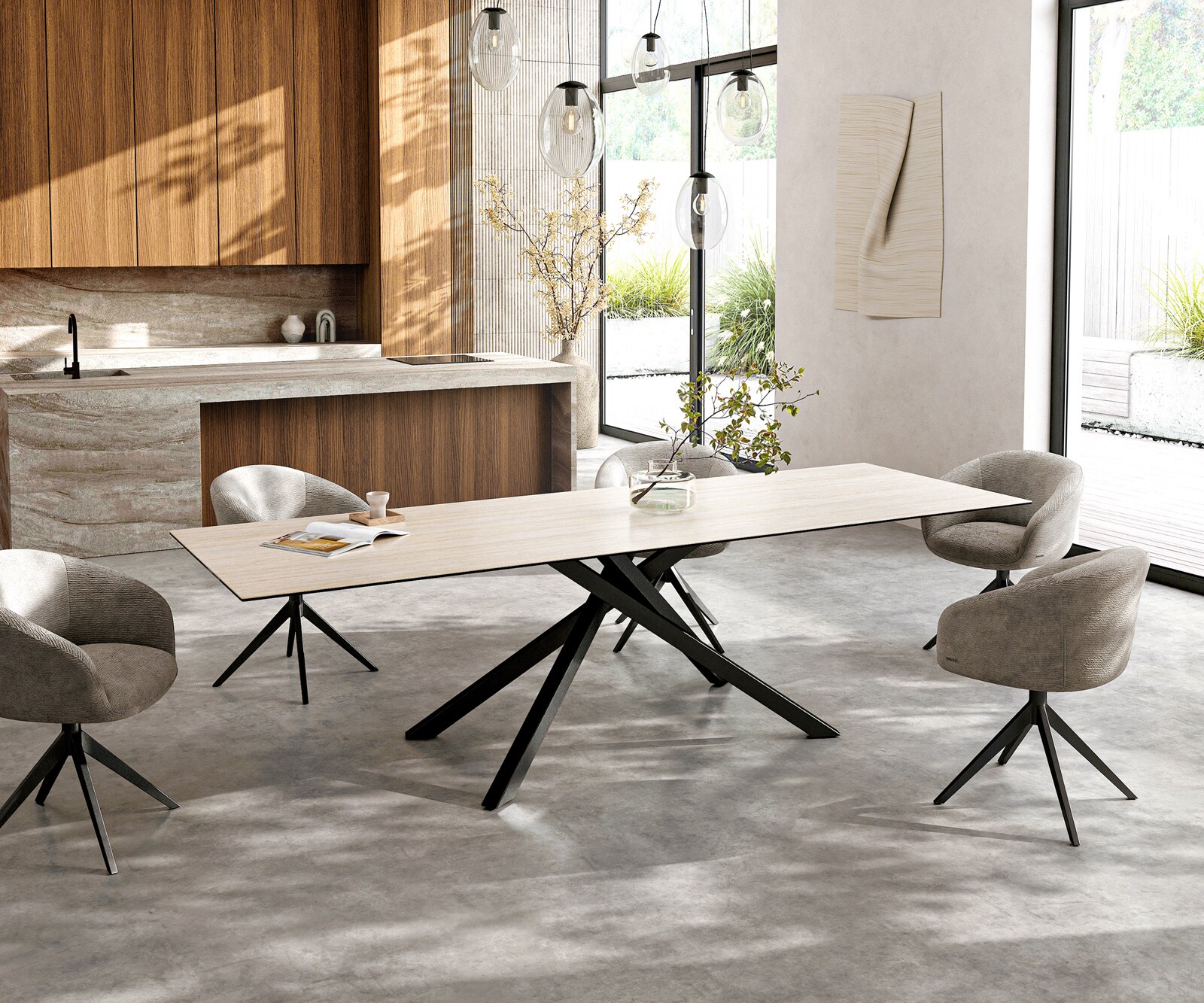 Esstisch Edge 300x100 cm Keramik Laminam®Travertino Bianco Creme-Weiß Kreuzgestell Rechteck Schwarz 7