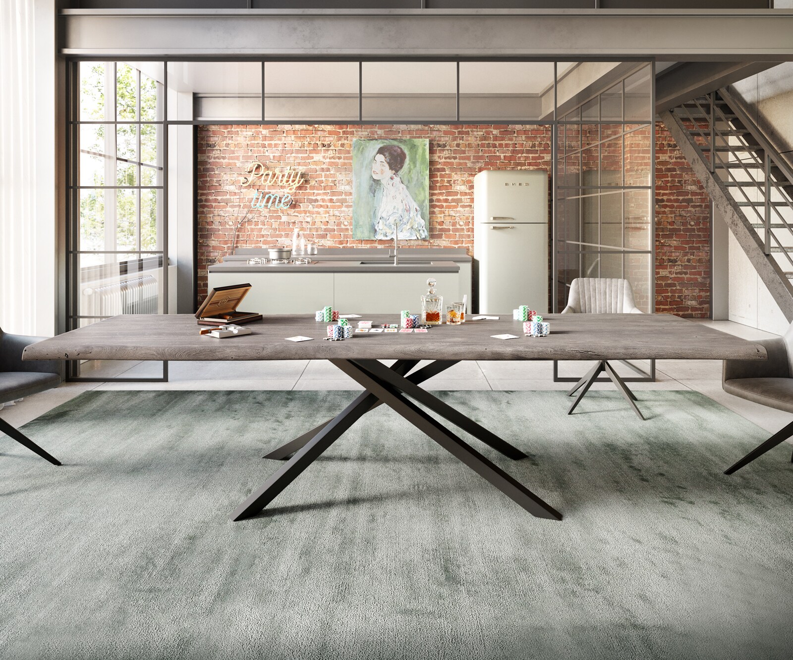 Esstisch Edge 300x100 XL Akazie Platin Kreuzgestell Rechteck Schwarz Live-Edge 6