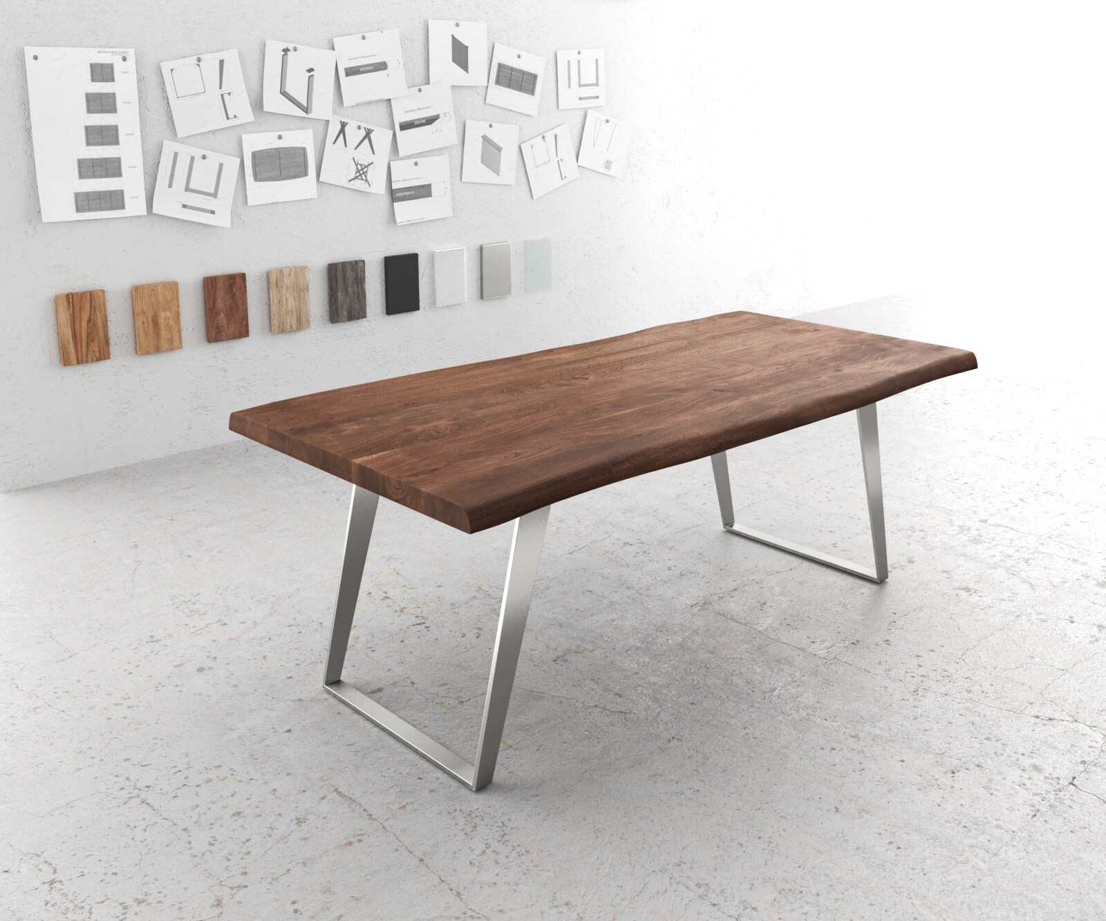 Table-à-manger Edge 200x100 XL acacia marron acier inoxydable incliné Live-Edge Table-à-manger Edge 200x100 XL acacia marron acier inoxydable incliné Live-Edge