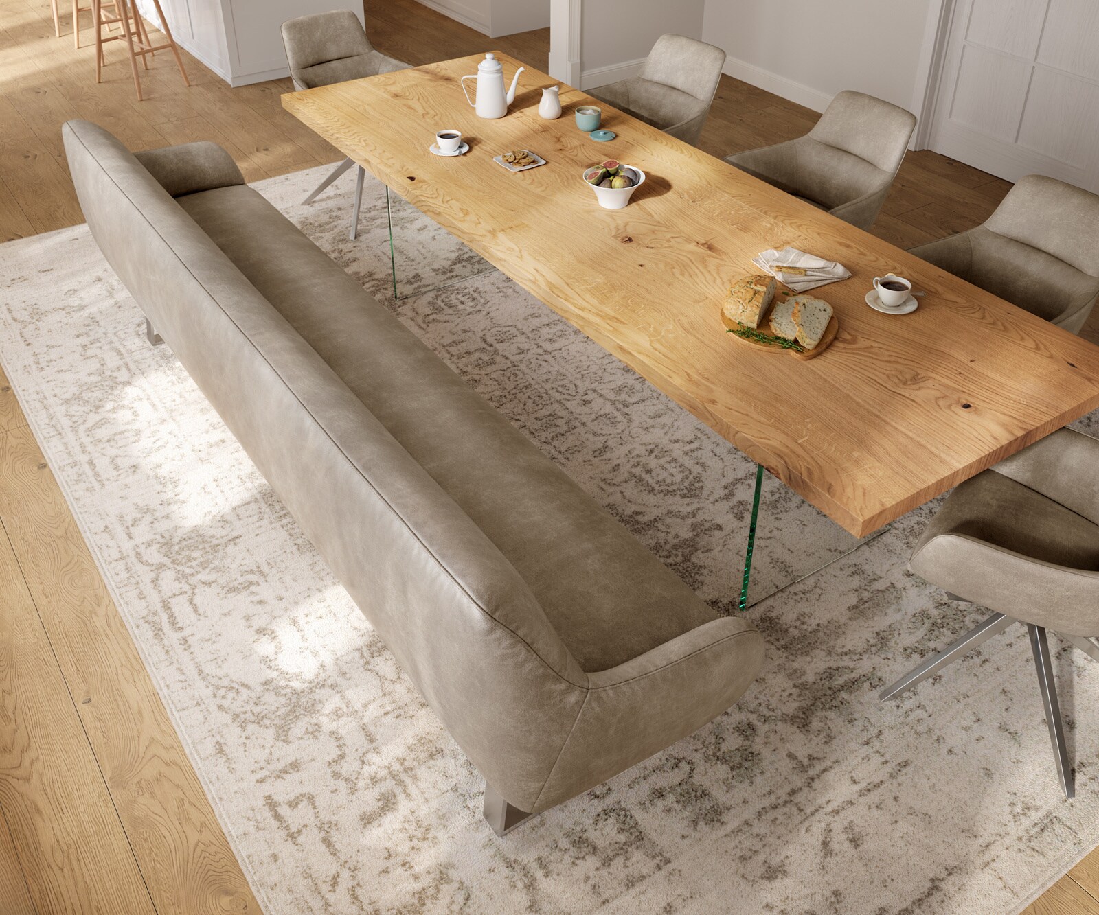 Esszimmerbank Taya-Flex 300 cm Mikrofaser Beige Vintage Kufengestell kantig Edelstahl Taschenfederkern 3