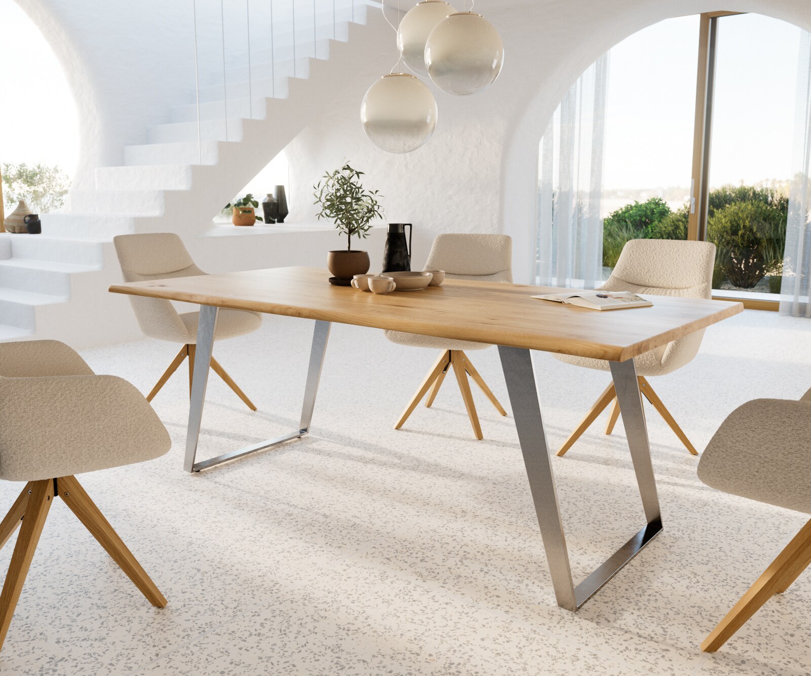 Table à manger Edge 200x100x2,5-3 chêne nature acier inoxydable inclinée Live-Edge