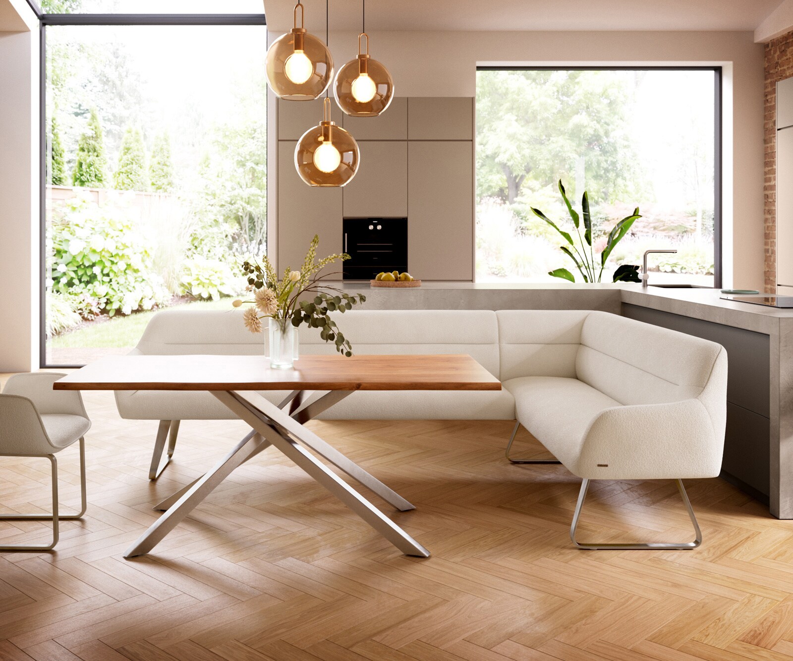 Esszimmerbank Taya-Flex 285x190 cm Bouclé Creme-Weiß Kufengestell flach Edelstahl Taschenfederkern Links 1