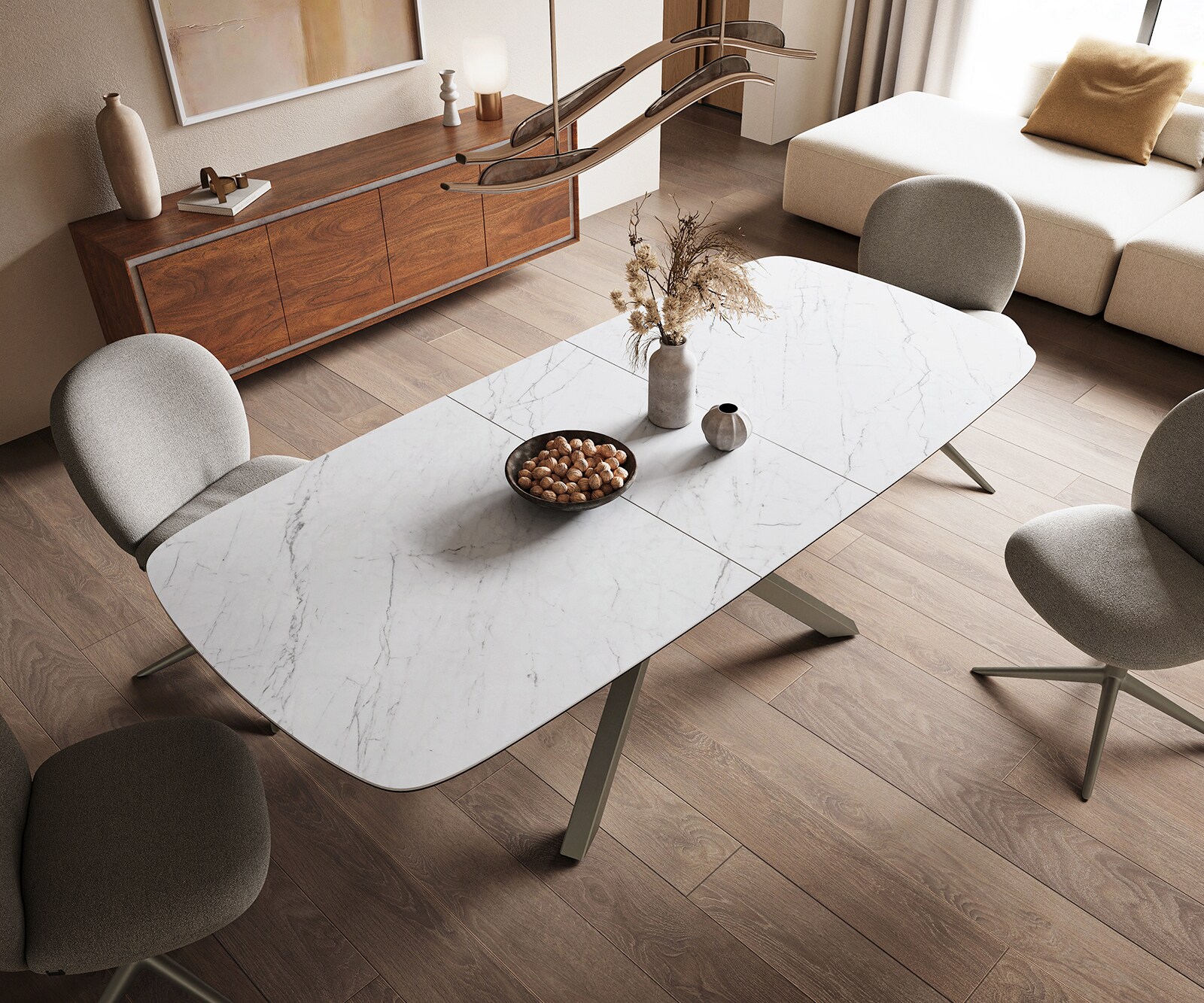 Esstisch Edge Boot 180-220x100 cm Keramik Laminam® Statuarietto Weiß Kreuzgestell Rechteck Effektfinish Titan ausziehbar 3