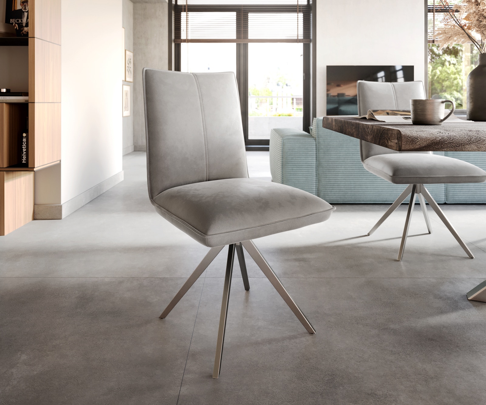 Esszimmerstuhl Lelio-Flex Samt Grau Kreuzgestell breit Edelstahl Taschenfederkern Esszimmerstuhl Lelio-Flex Samt Grau Kreuzgestell breit Edelstahl Taschenfederkern