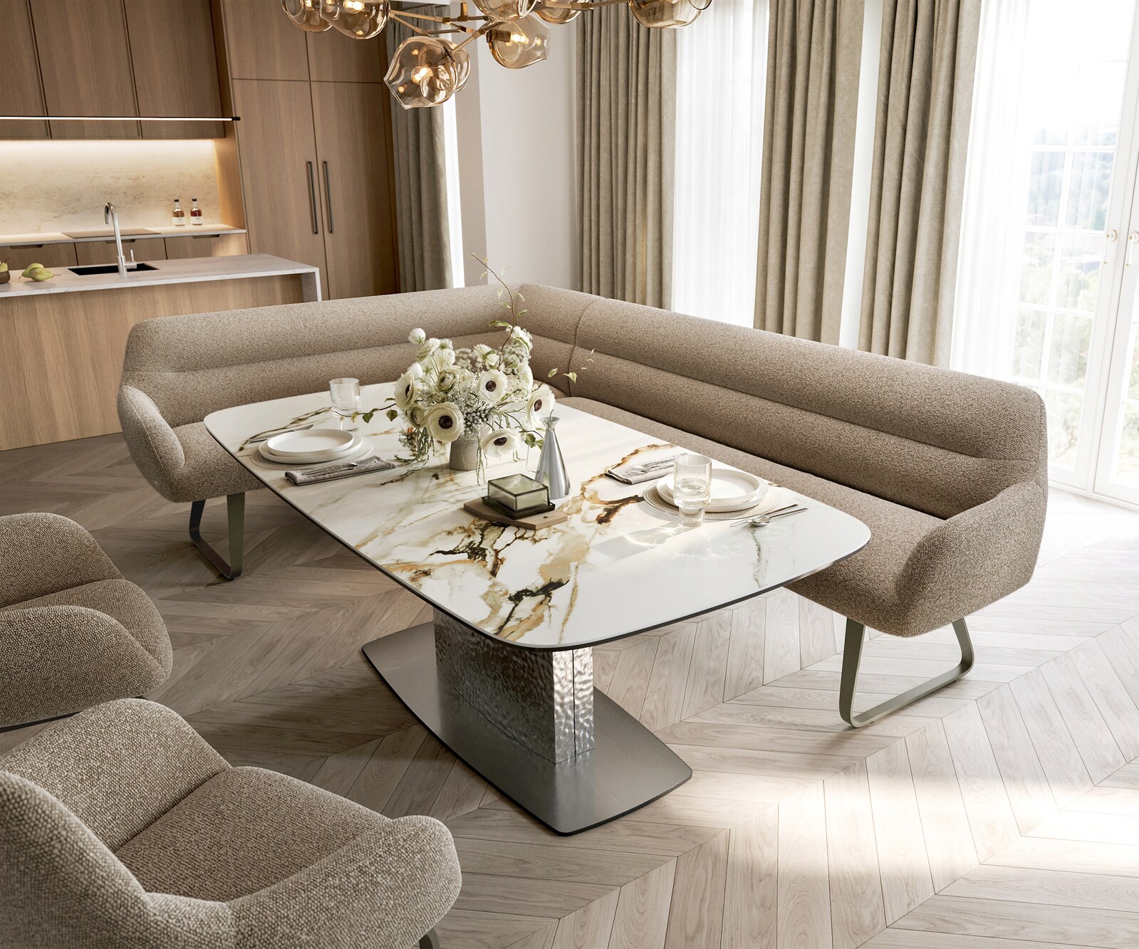 Esszimmerbank Taya-Flex 285x190 cm Bouclé Schlamm Kufengestell flach Effektfinish Titan Taschenfederkern Rechts