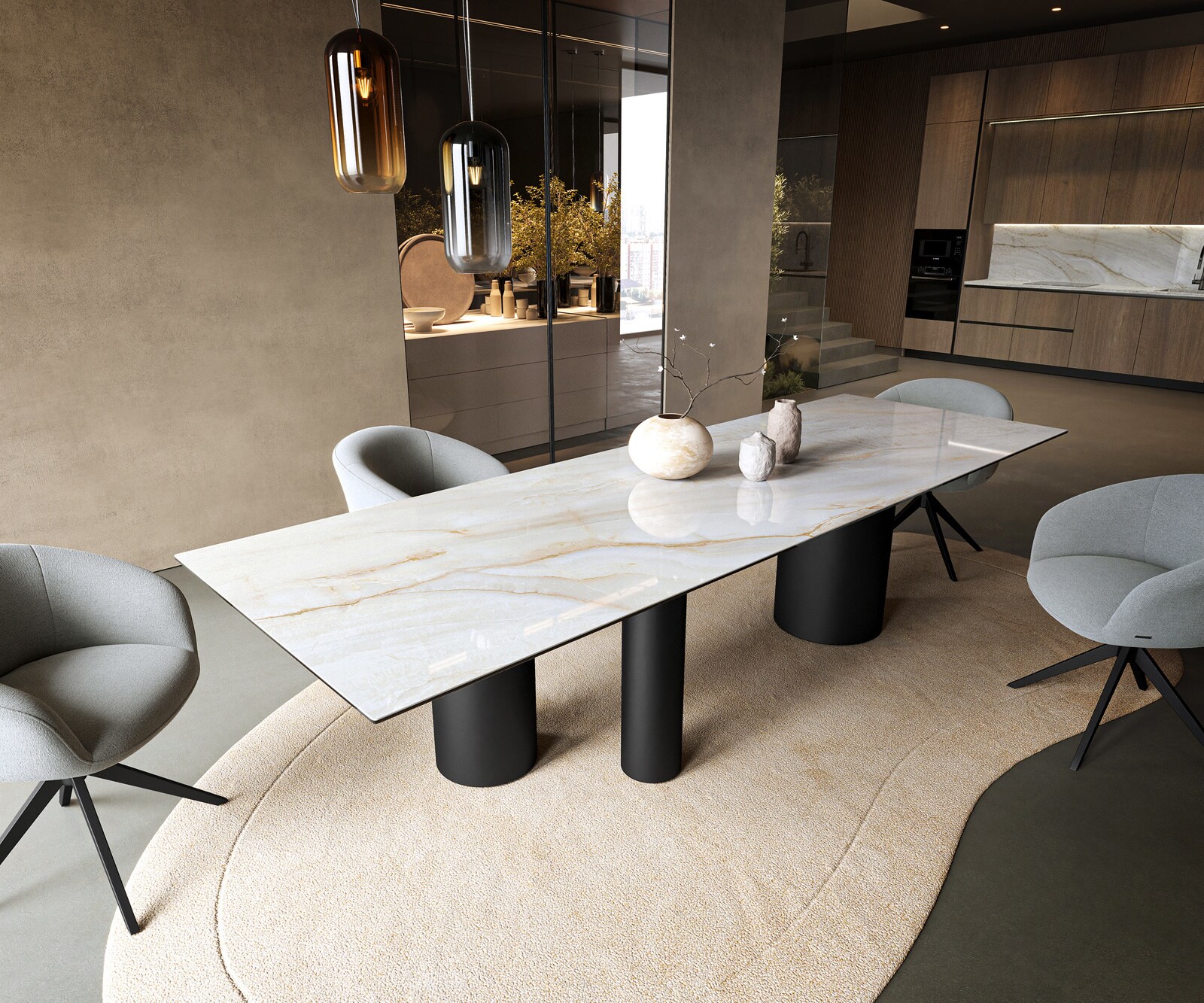 Table à manger Edge 300x100 cm céramique Onyx Pearl Troa métal noir