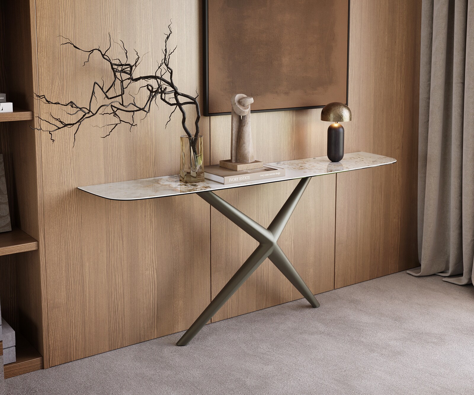 Konsolentisch Edge Boot 180x40 cm Keramik Minas Melange Weiß-Beige Estelo Metall Effektfinish Titan 4