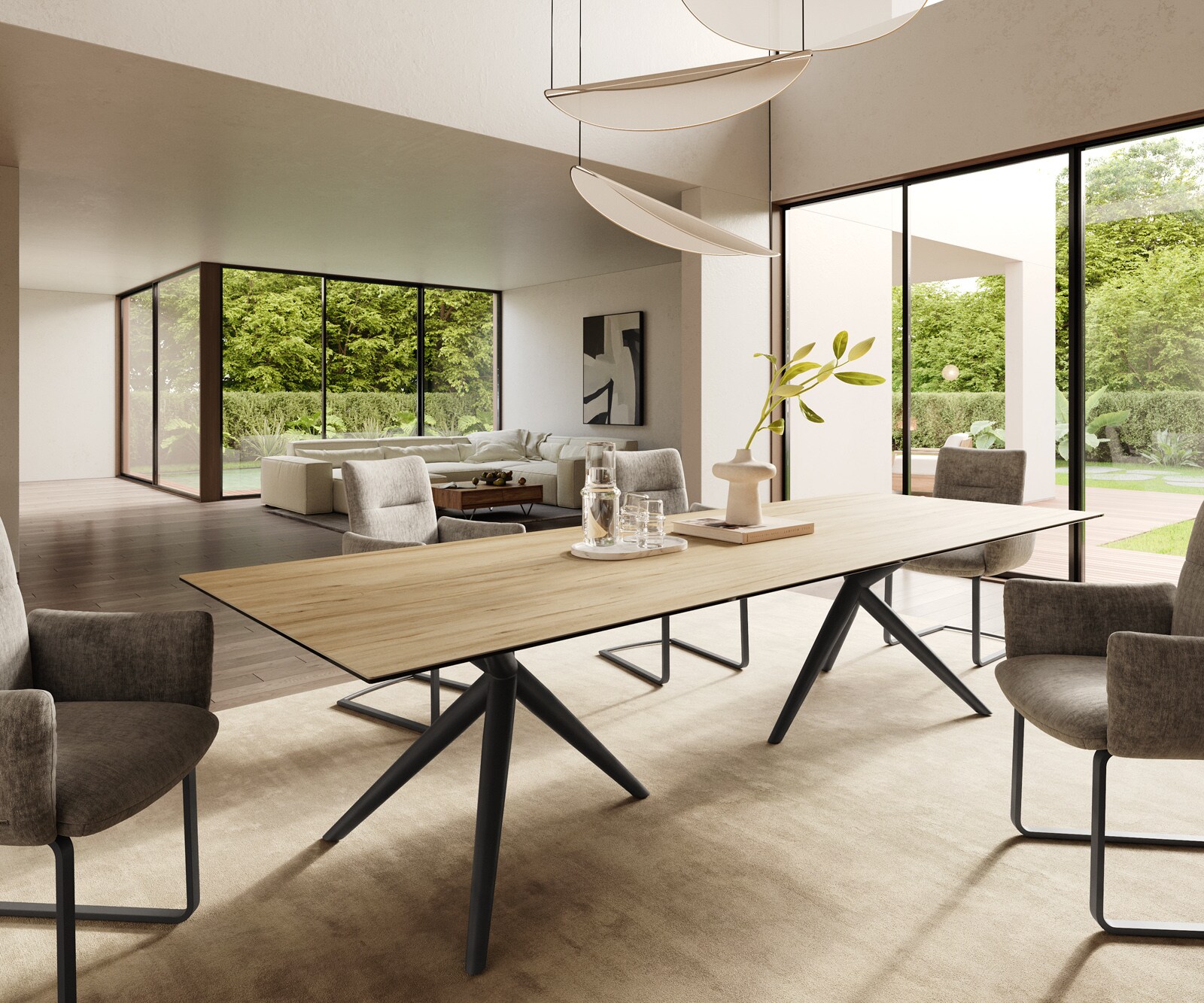 Esstisch Edge 300x100 Keramik Laminam® Sabbia Eichefarbig Estelar rund Metall Schwarz