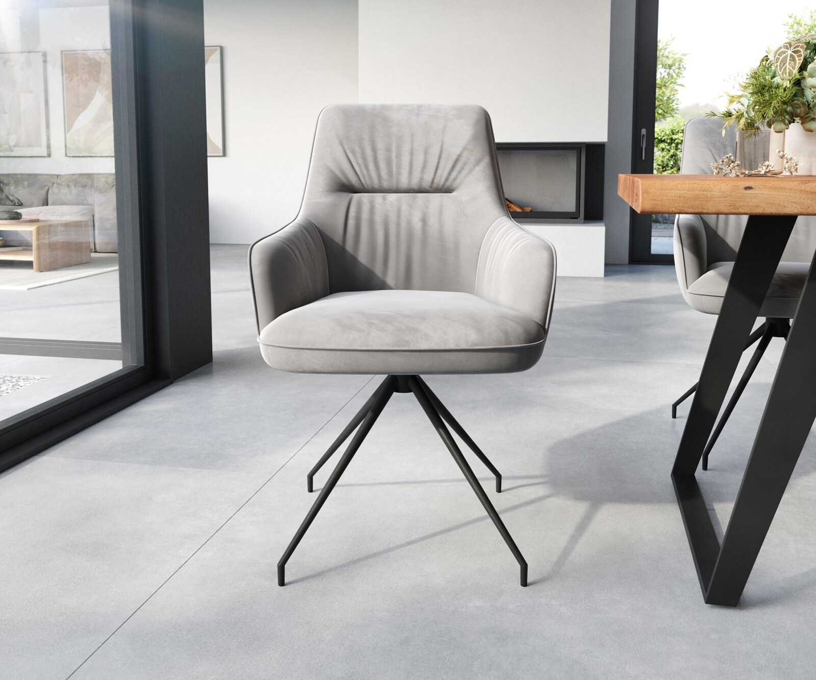 Chaise-de-salle-à-manger Zelia-Flex avec accoudoirs velours gris pied croisé conique noir ressorts ensachés 1